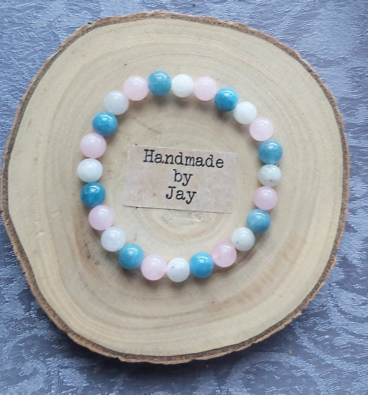 8mm Moonstone, Rose Quartz & Aquamarine Crystal Healing Beaded Bracelet for Fatigue, Headaches, IVF, Fertility and Alighning the Chakras