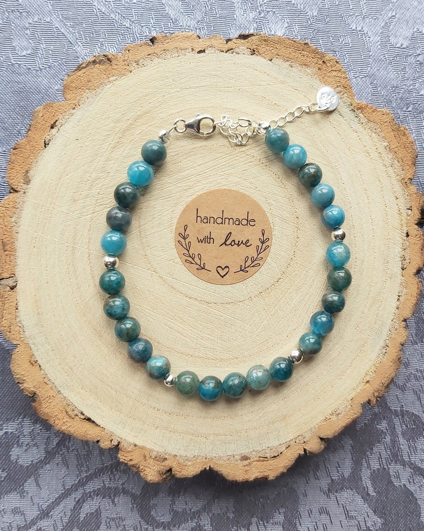 Handmade Apatite Crystal Gemstone 925 Sterling Silver Beaded Bracelet