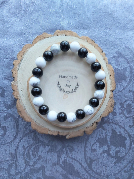 10mm Black Tourmaline and Howlite Crystal Gemstone Beaded Chakra Bracelet