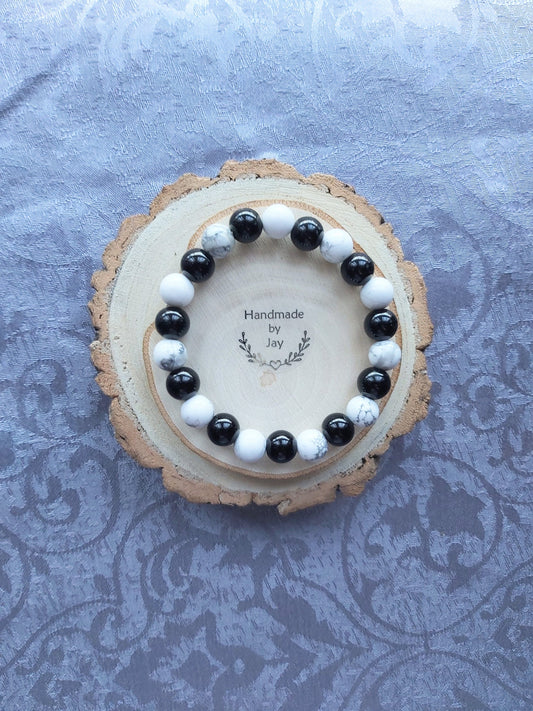 10mm Black Tourmaline and Howlite Crystal Gemstone Beaded Chakra Bracelet