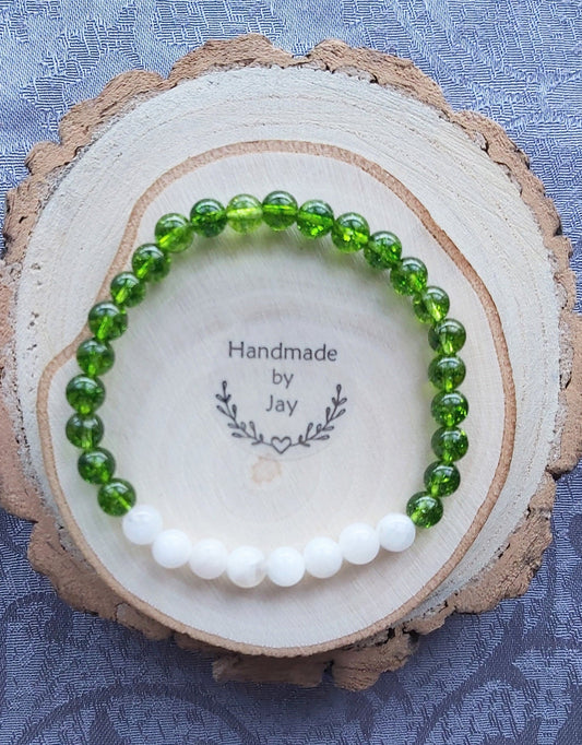 Natural Moonstone & Peridot Beaded Bracelet: Crystal Healing Reiki