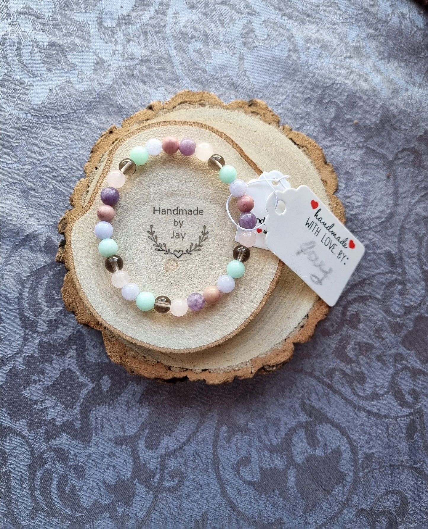 Crystal Healing Bracelet: Rose Quartz, Smoky Quartz, Rhodochrosite & Angelite