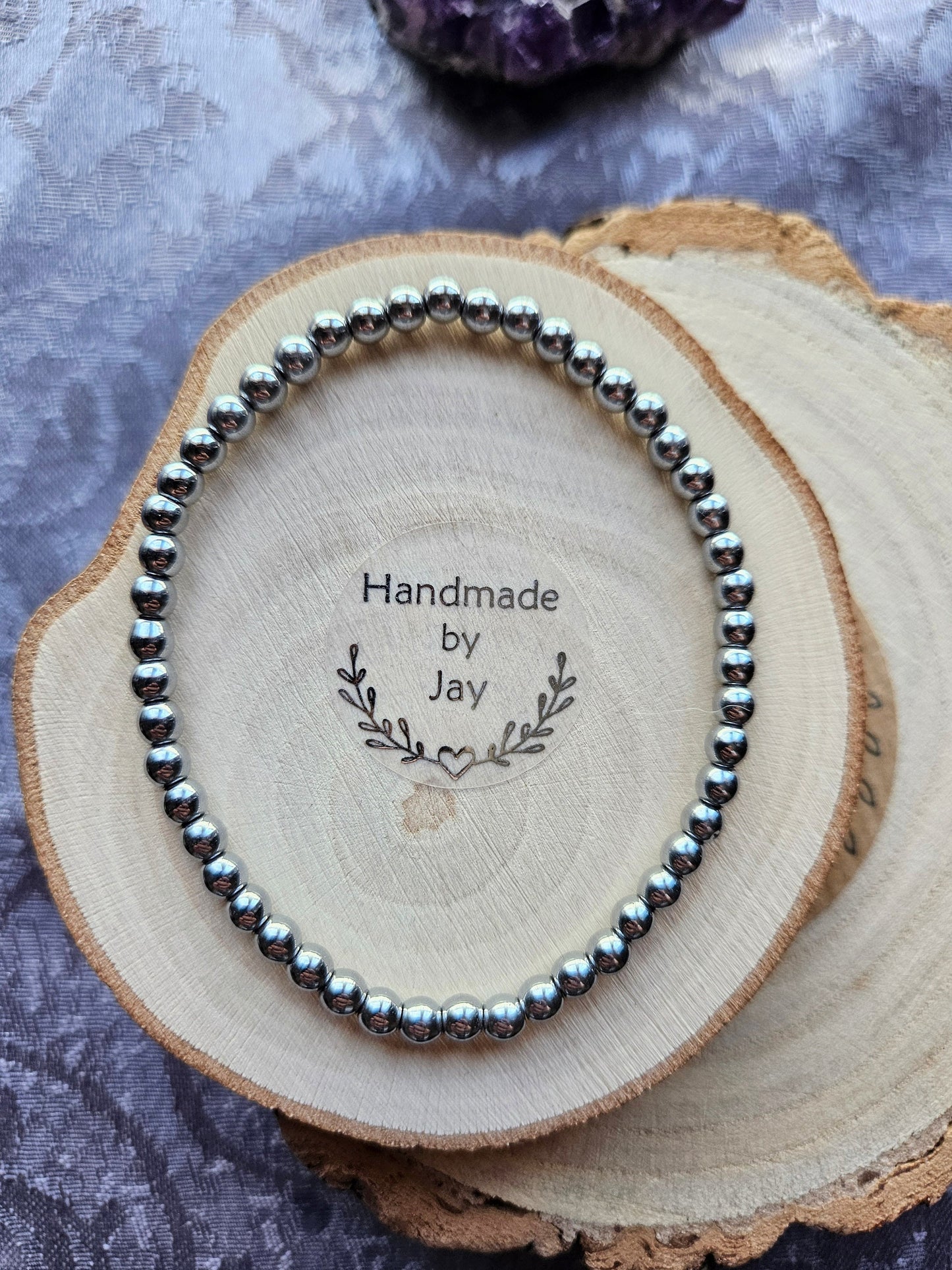 4mm Silver Hematite Beaded Bracelet: Crystal Healing Chakra Jewellery