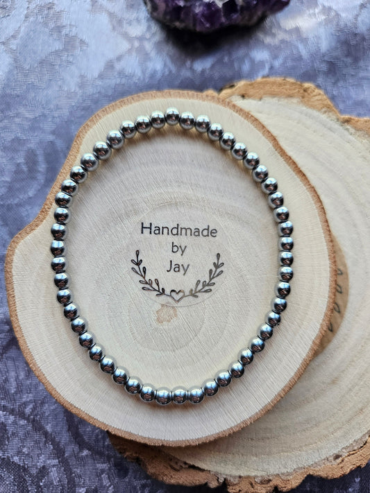 4mm Silver Hematite Beaded Bracelet: Crystal Healing Chakra Jewellery