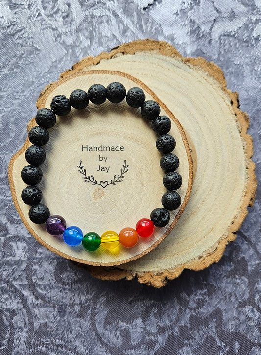 8mm LGBT+  Lava, Red Agate, Orange Sunstone, Citrine, Green Aventurine, Lapis Lazuli and Amethyst Crystal Healing Beaded Bracelet