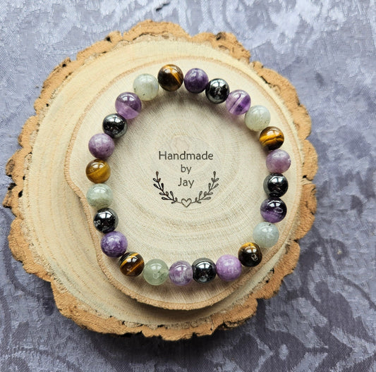 8mm Labradorite, Amethyst and Tigers Eye Crystal Gemstone Beaded Bracelet Detox Support