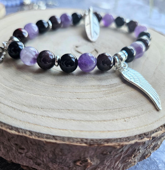 Handmade Garnet, Amethyst & Tourmaline Crystal Healing Bracelet with Charms