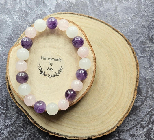 10mm Rose Quartz, Amethyst and Moonstone Crystal Healing Gemstone Beaded Chakra Bracelet