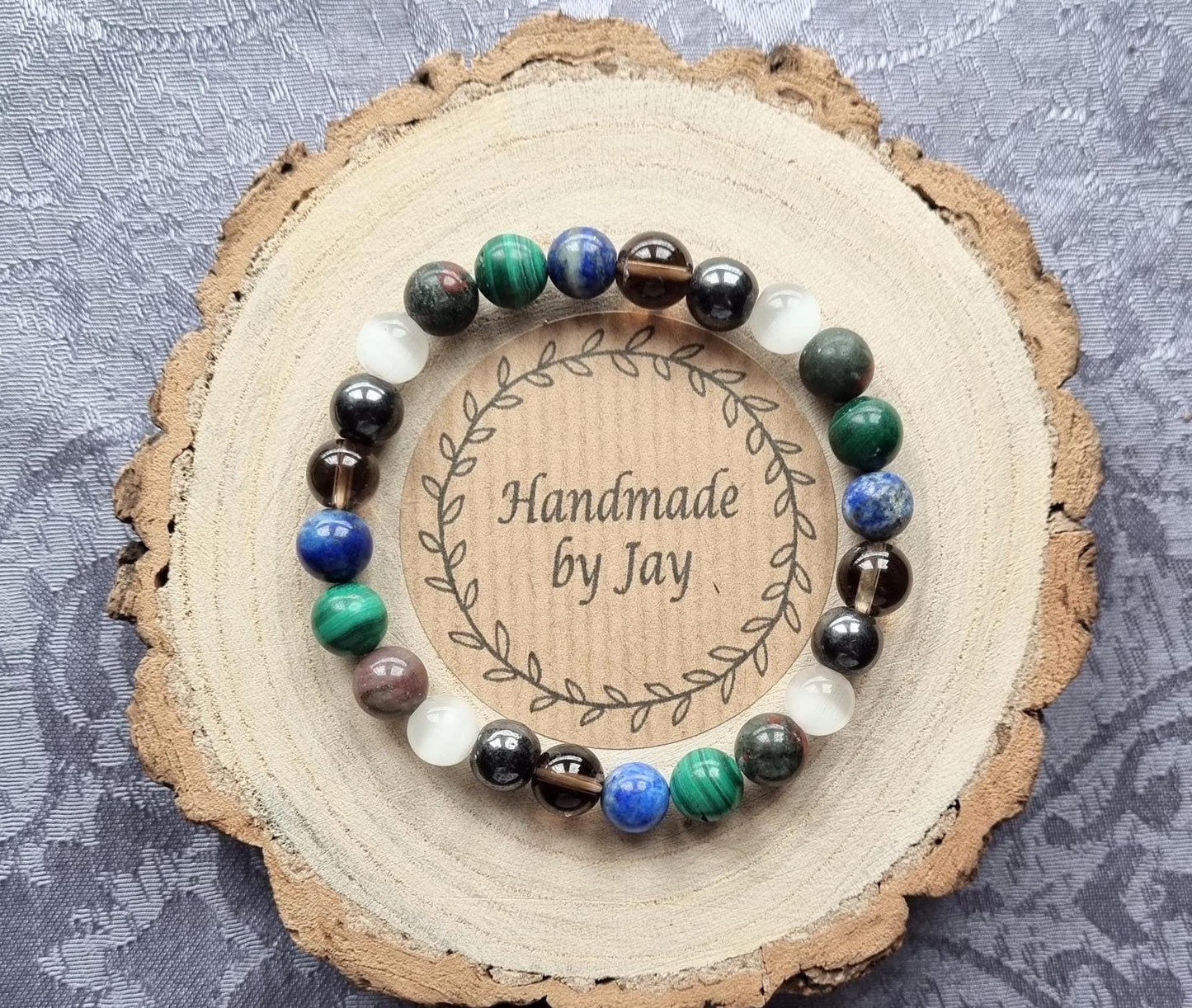 MENS 8mm Tigers Eye, Smoky Quartz, Malachite, Lapis  and Hermatite Crystal Gemstone Beaded Bracelet