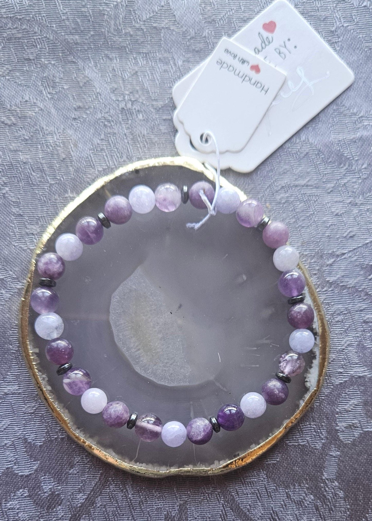 Soothing, Calming,  Empathy, Anxiety & Stress Lepidolite, Amethyst and Angelite Crystal Gemstone Beaded Bracelet