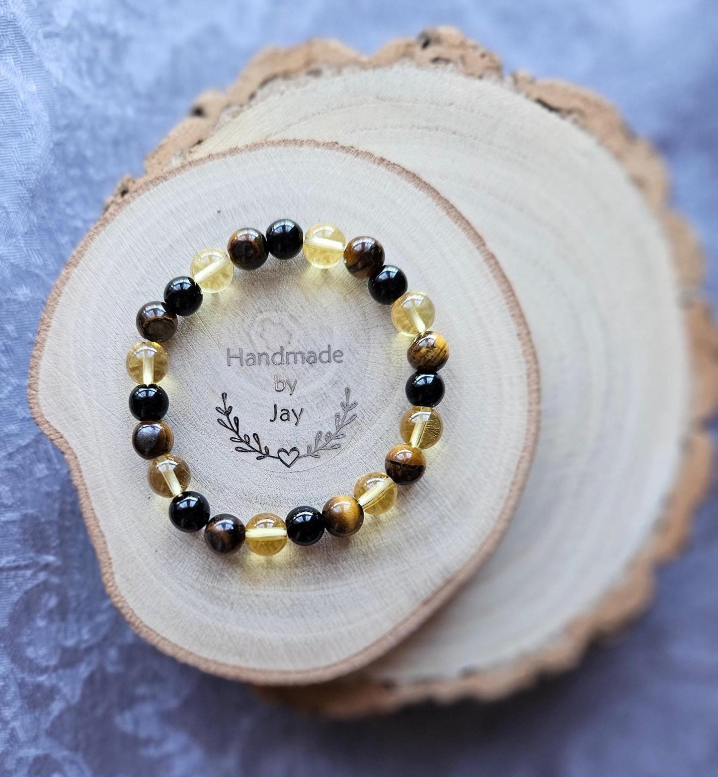 AAA Quality 8mm Citrine, Black Tourmaline and Tigers Eye for Good Luck and Prosperity Crystal Beaded Gemstone Bracelet