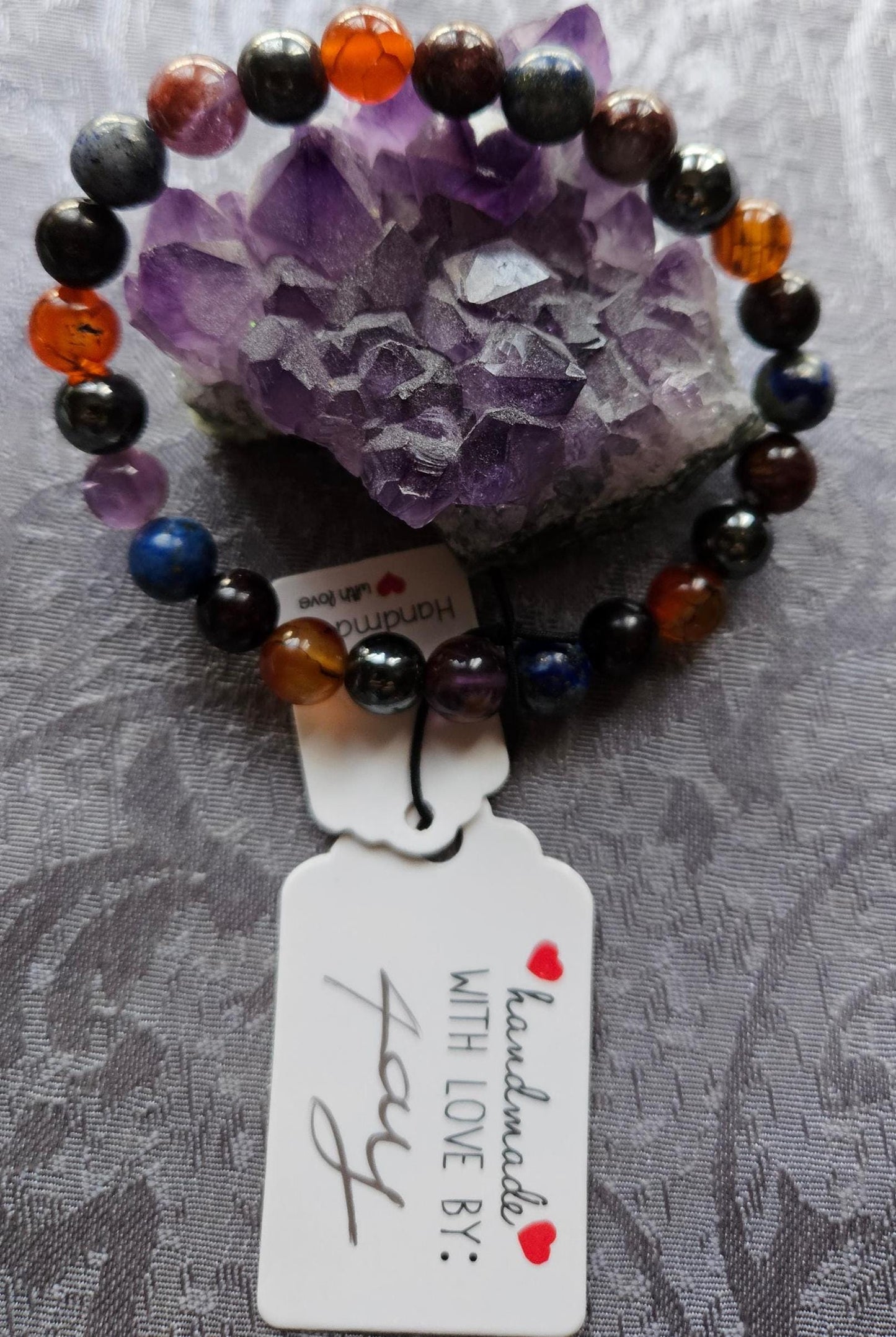 Handmade Crystal Gemstone Bracelet: Dragon Vein Agate, Garnet & Super 7 Fibromyalgia