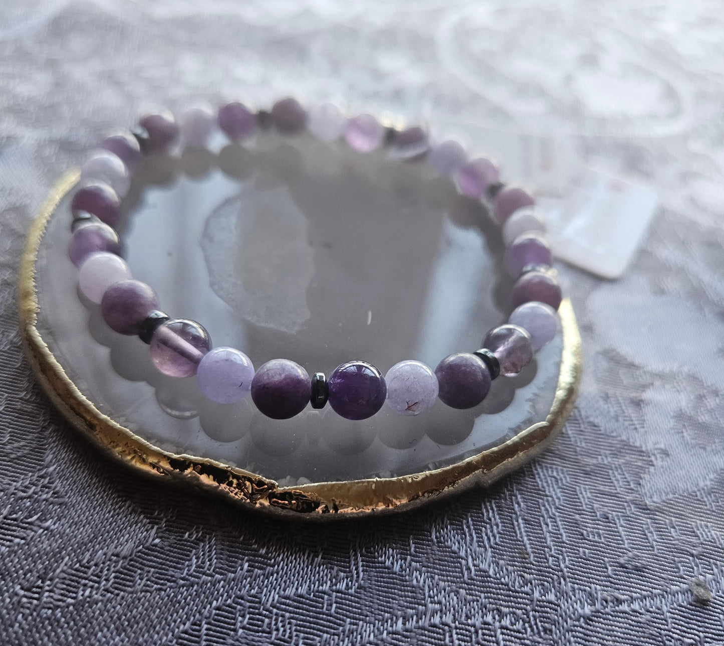 Soothing, Calming,  Empathy, Anxiety & Stress Lepidolite, Amethyst and Angelite Crystal Gemstone Beaded Bracelet