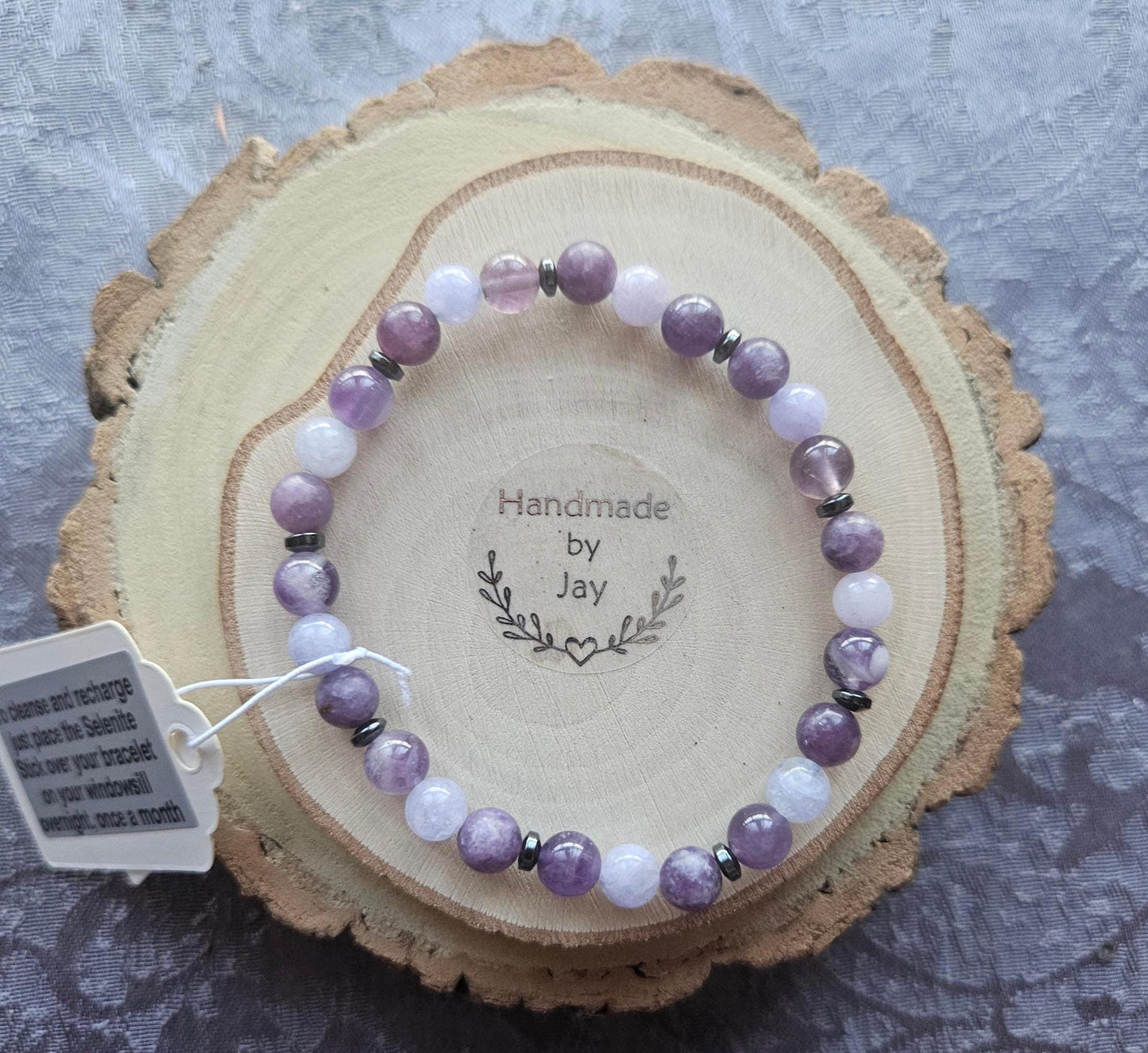 Soothing, Calming,  Empathy, Anxiety & Stress Lepidolite, Amethyst and Angelite Crystal Gemstone Beaded Bracelet
