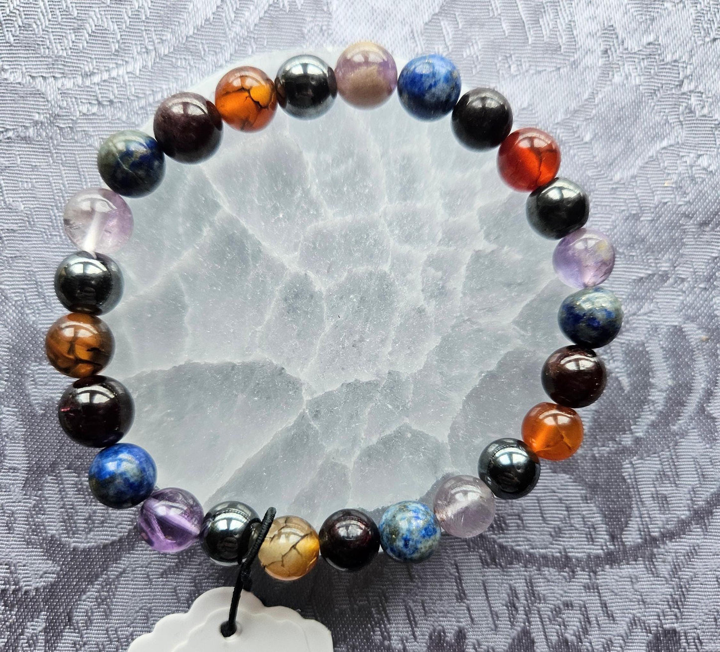 Handmade Crystal Gemstone Bracelet: Dragon Vein Agate, Garnet & Super 7 Fibromyalgia