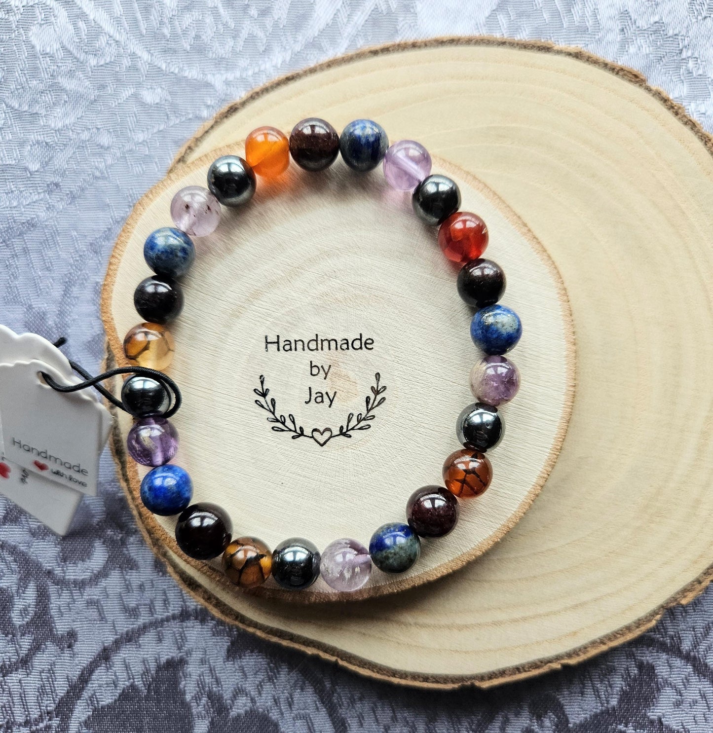 Handmade Crystal Gemstone Bracelet: Dragon Vein Agate, Garnet & Super 7 Fibromyalgia