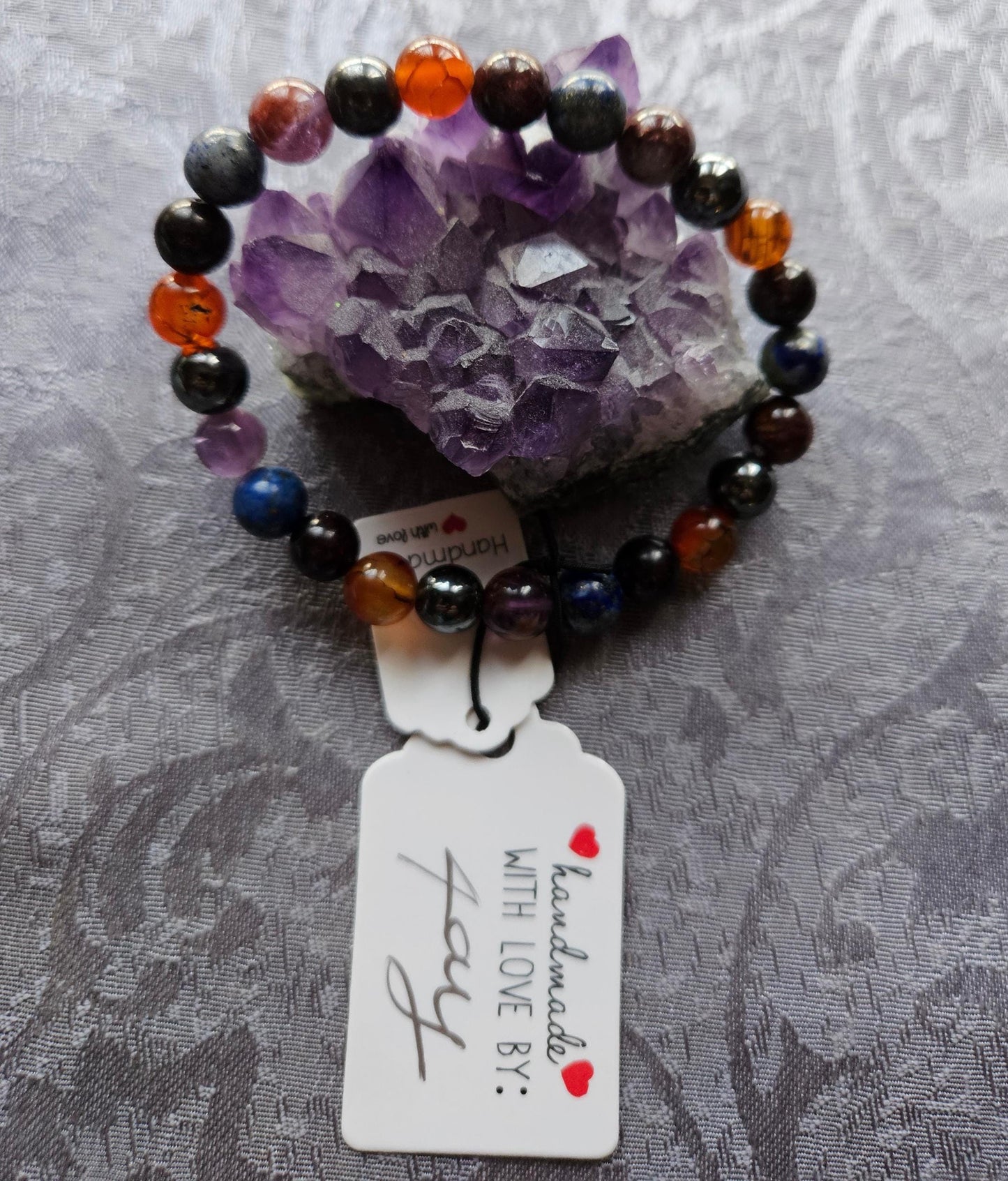 Handmade Crystal Gemstone Bracelet: Dragon Vein Agate, Garnet & Super 7 Fibromyalgia