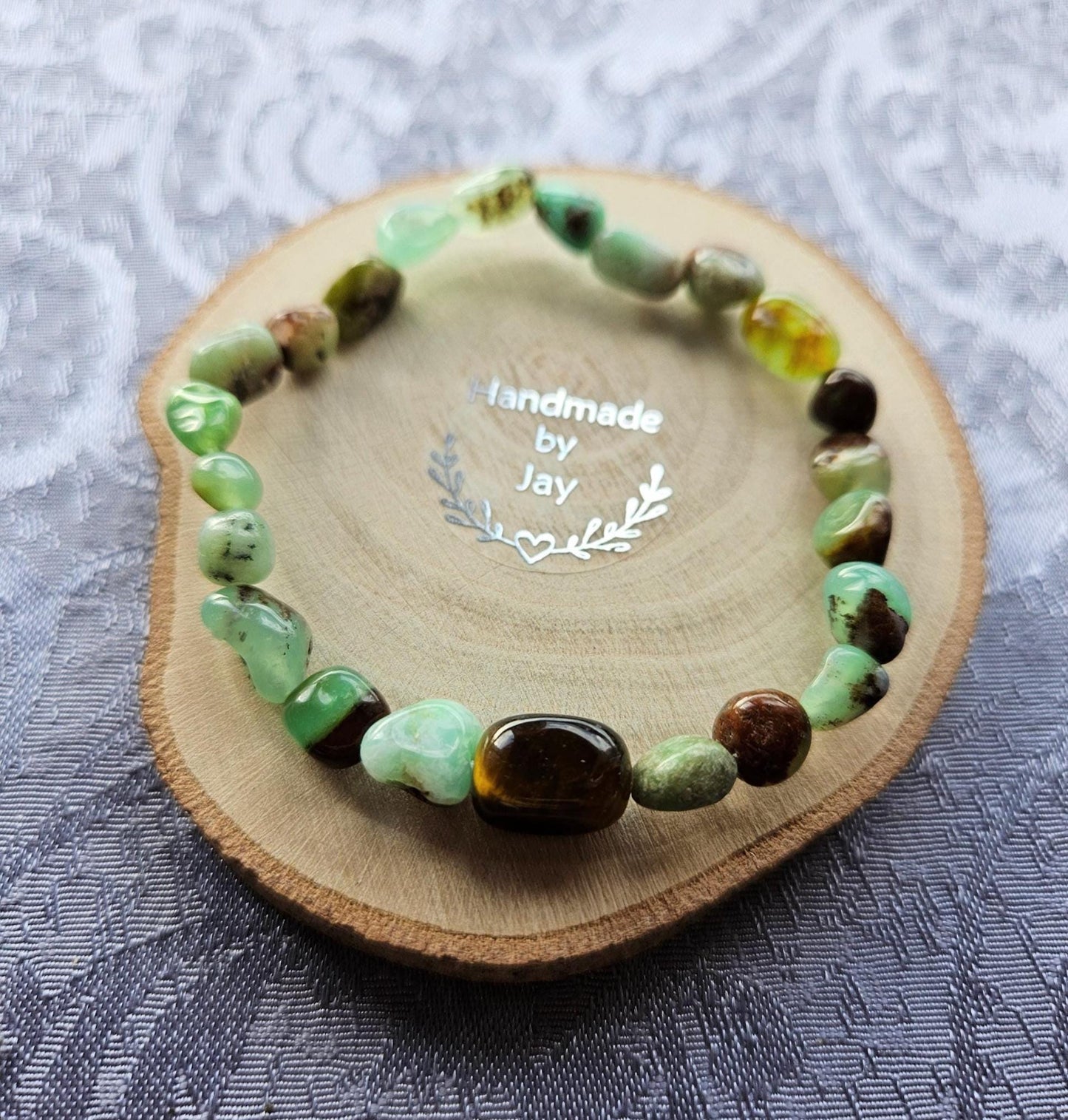 Natural Chrysoprase and Tigers Eye for Chakra Balancing Crystal Beaded Bracelet