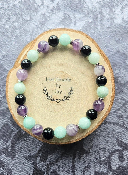 8mm Natural Rainbow Moonstone, Amethyst and Aquamarine Crystal Healing Gemstone Beaded Bracelet