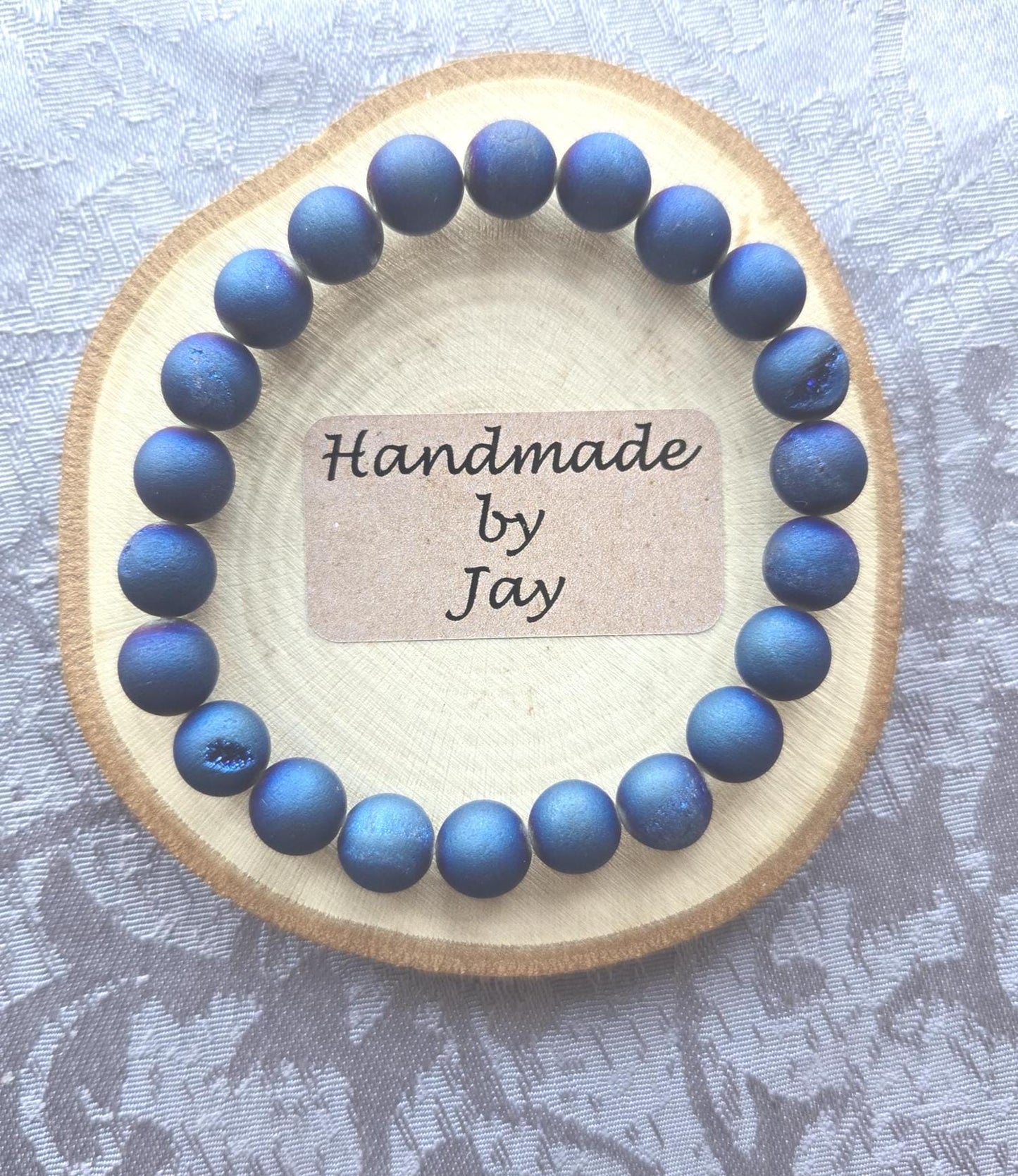 Dark Blue Druzy Onyx Bracelet: 8mm Crystal Healing Gemstone