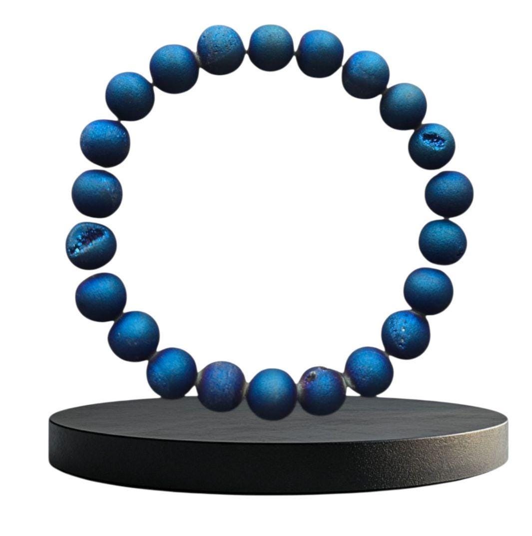 Dark Blue Druzy Onyx Bracelet: 8mm Crystal Healing Gemstone