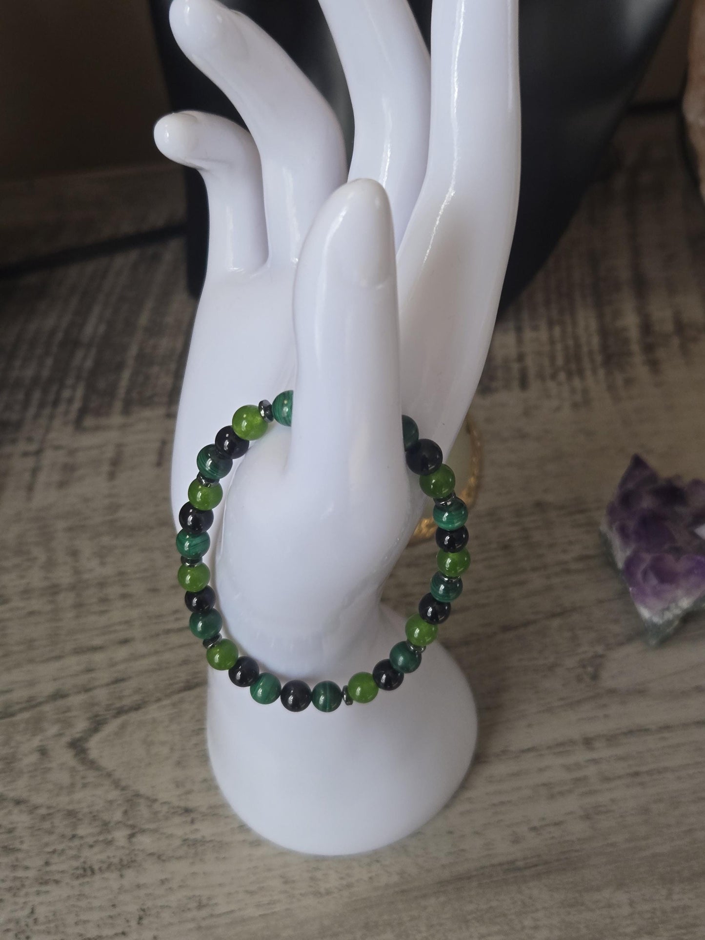 Handmade Jade, Malachite & Onyx Gemstone Bracelet: Grounding, Protection