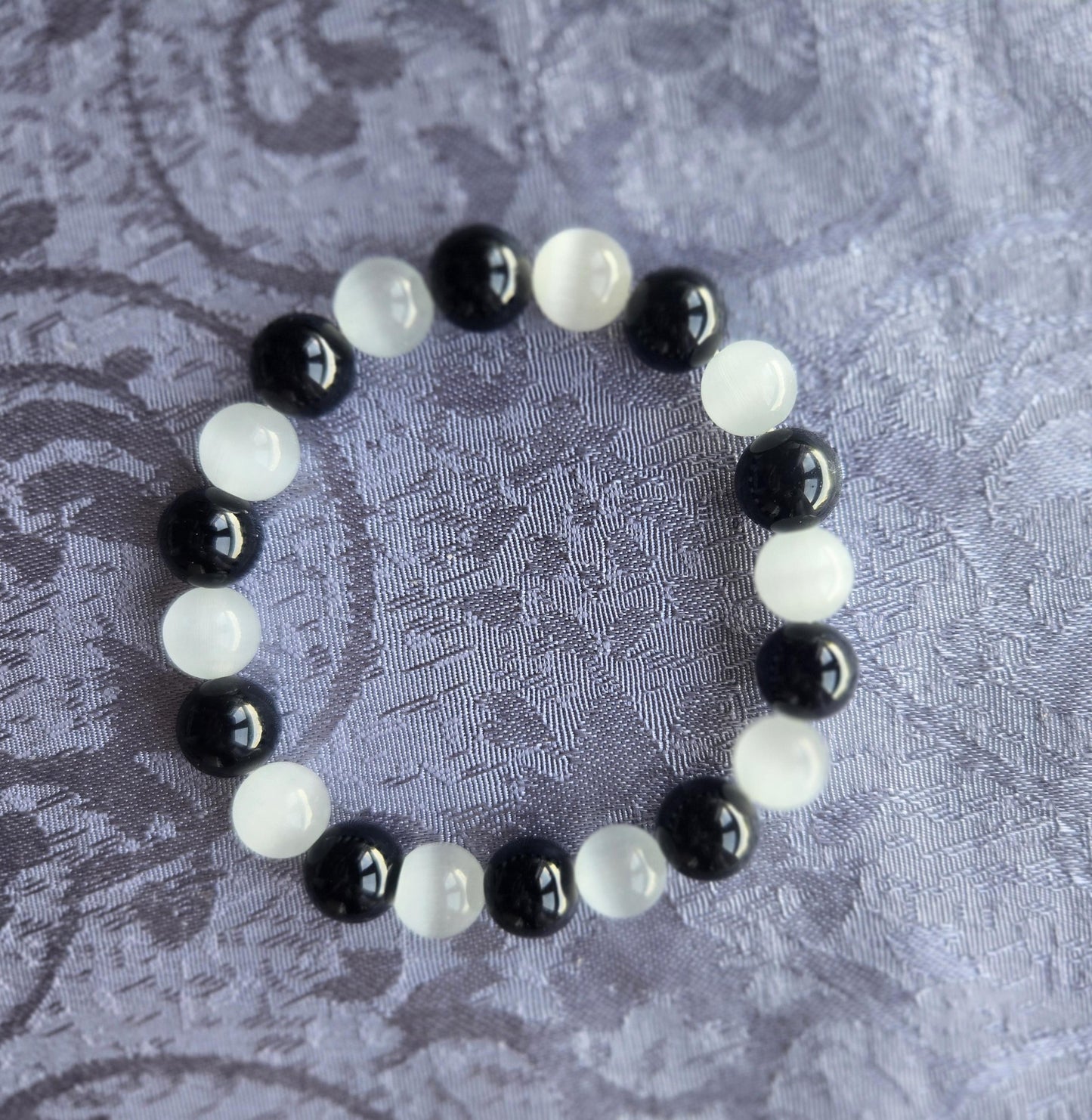 Selenite & Black Tourmaline Grounding Crystal Elasticated Beaded Gemstone Bracelet