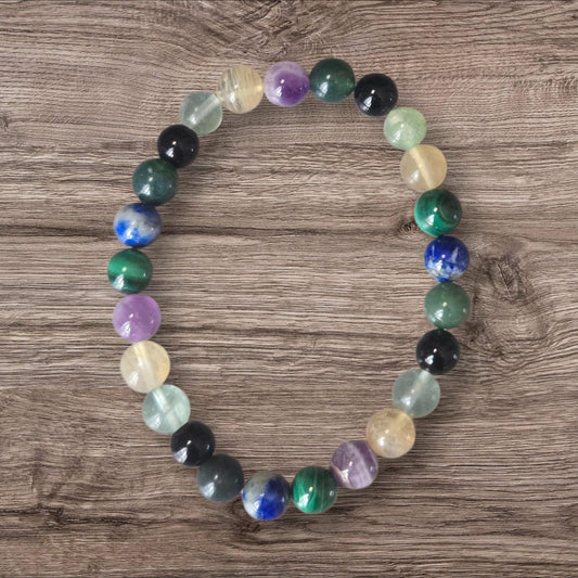 Handmade Crystal Healing Bracelet: Malachite, Amethyst, Black Tourmaline, Moss Agate, Lapis Lazuli & Citrine