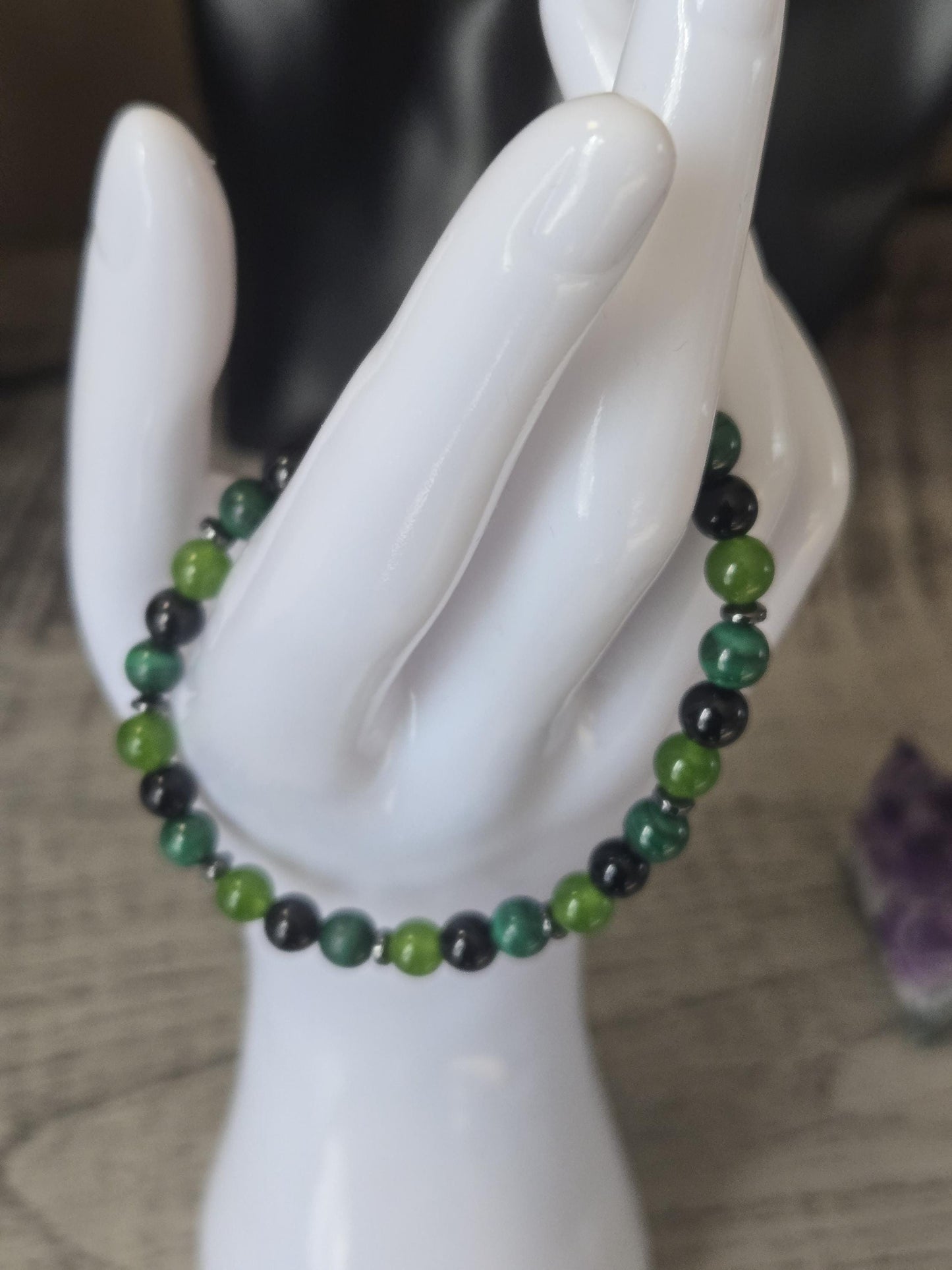 Handmade Jade, Malachite & Onyx Gemstone Bracelet: Grounding, Protection
