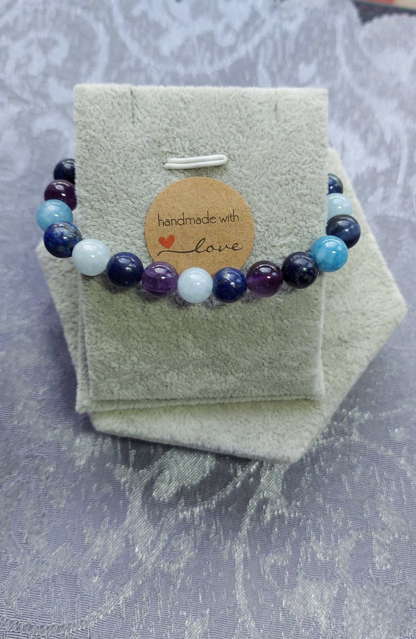 8mm  Undyed  Natural Lapis Lazuli, Amethyst and Aquamarine Crystal Gemstone Beaded  Bracelet Throat Chakra