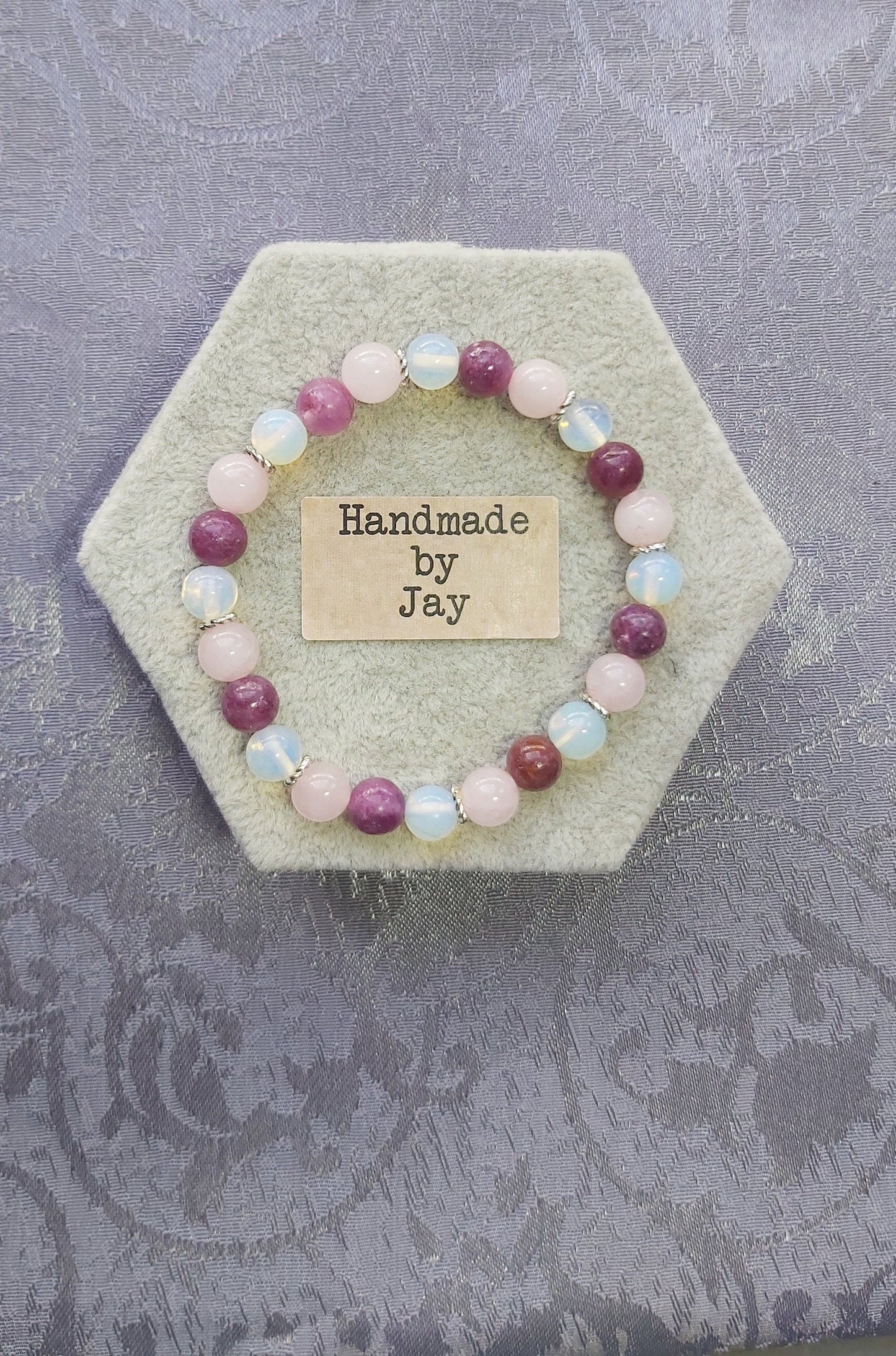 8mm Lepidolite, Moonstone & Rose Quartz Crystal Gemstone Beaded Bracelet Heart Chakra