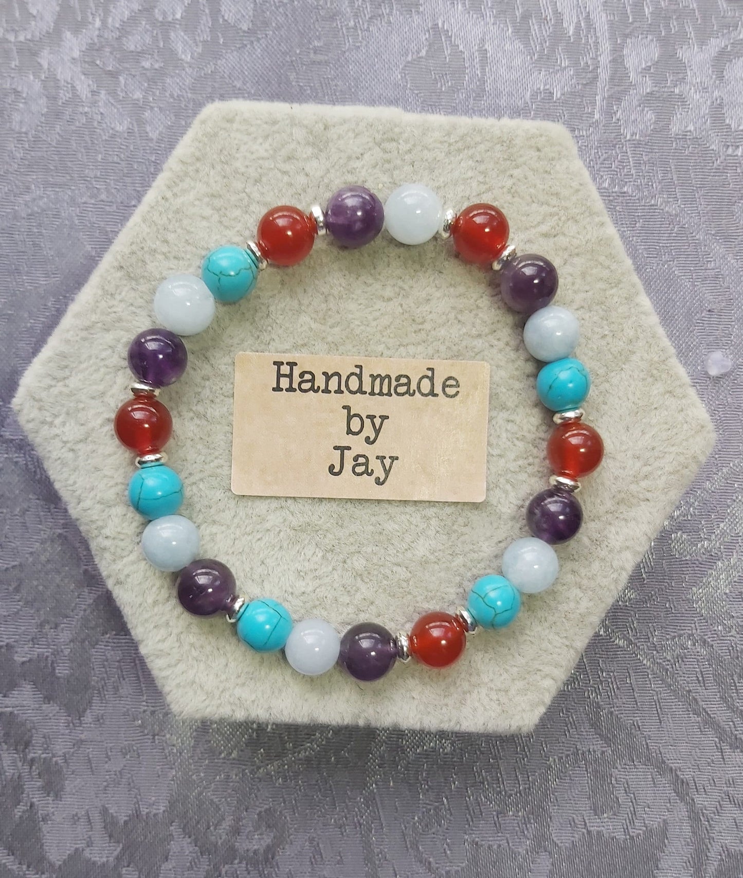 8mm Aquamarine, Amethyst, Carnelian and Turquoise Crystal Gemstone Beaded Bracelet Reiki Heart and Sacral Chakra