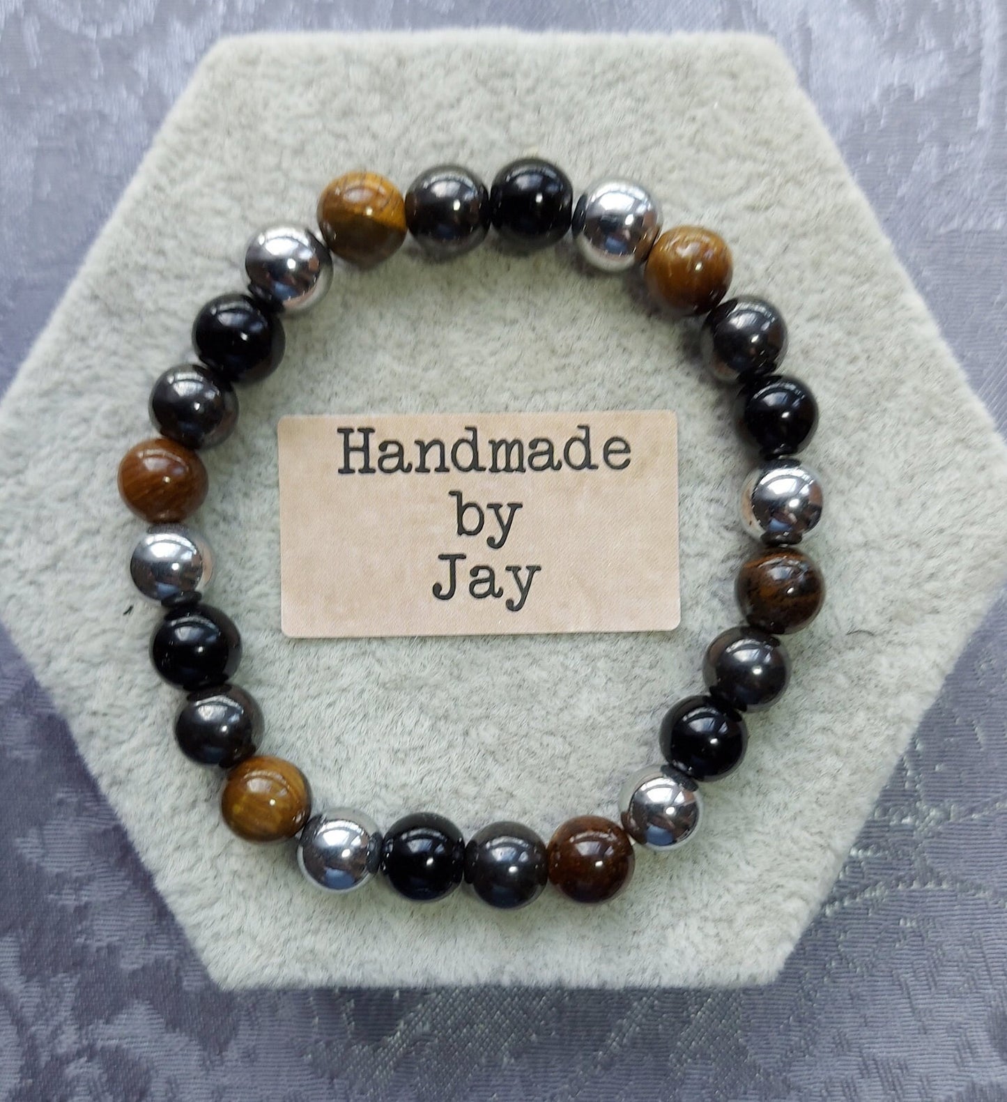 Triple Protection Tigers Eye, Black Obsidian and Lodestone Crystal Gemstone Beaded  Chakra Bracelet