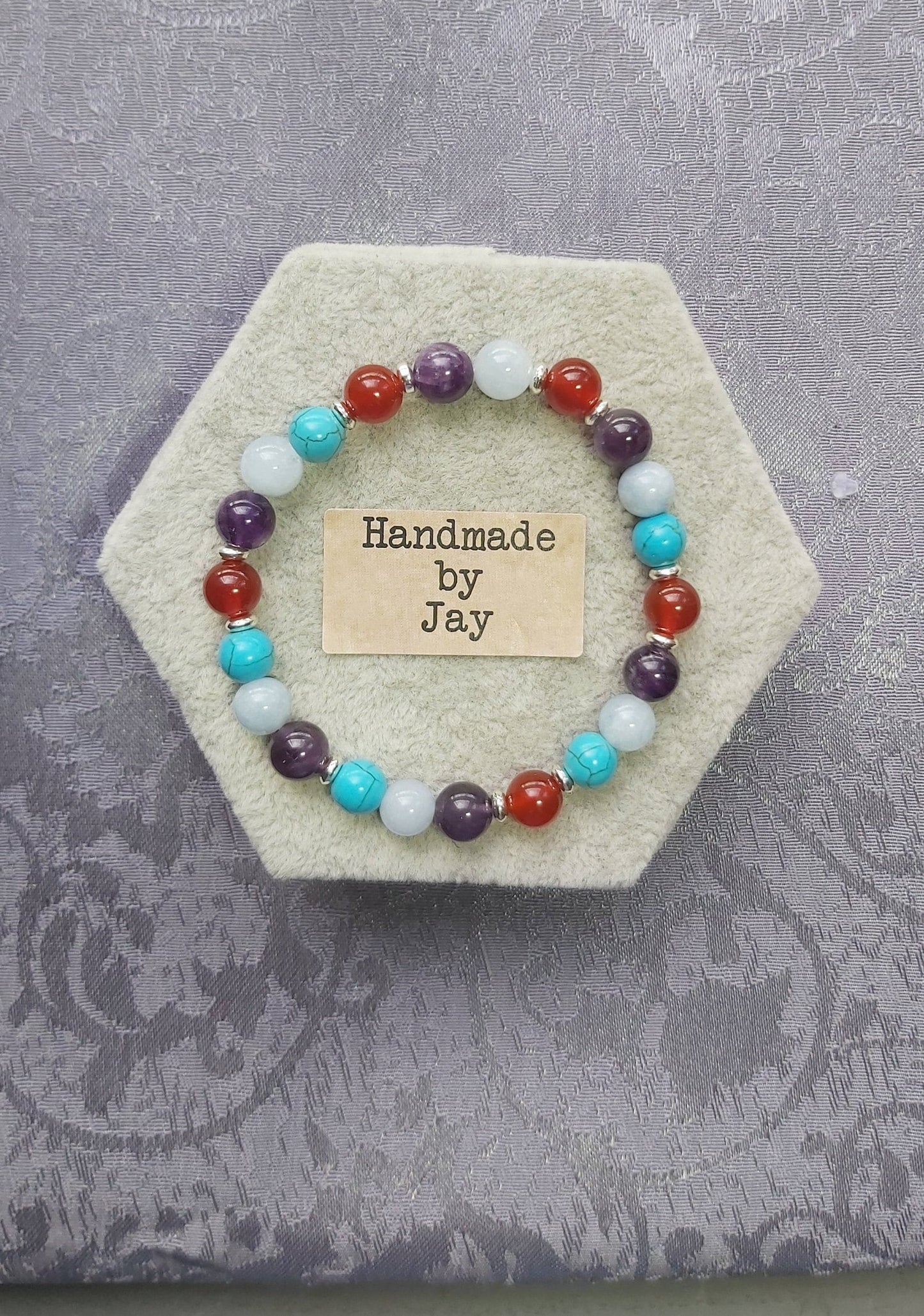 8mm Aquamarine, Amethyst, Carnelian and Turquoise Crystal Gemstone Beaded Bracelet Reiki Heart and Sacral Chakra