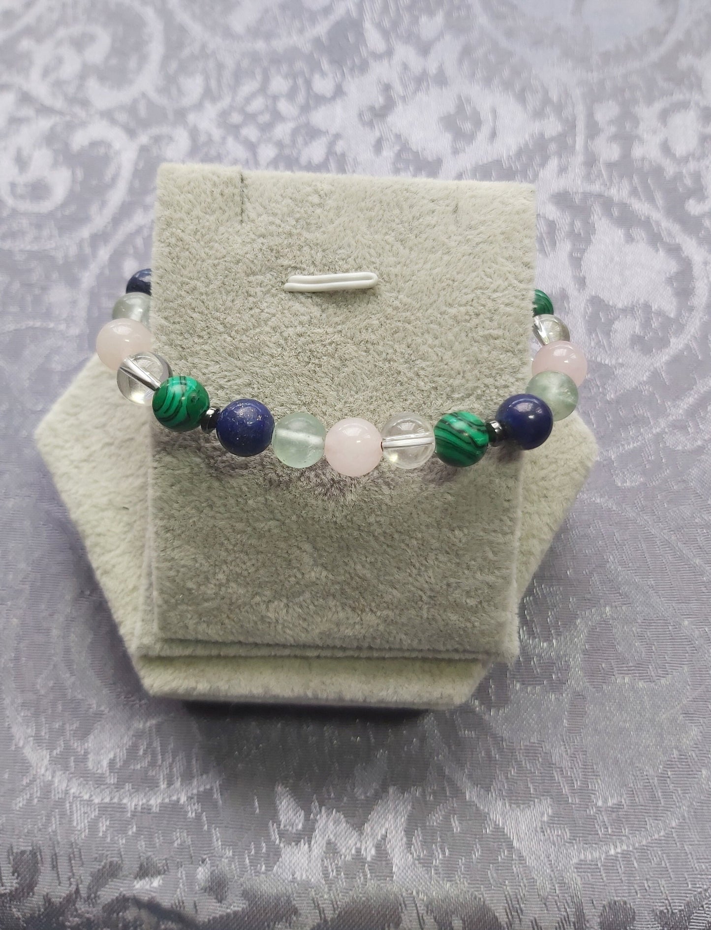 8mm  Fluorite, Lapis Lazuli, Clear Quartz, Rose Quartz & Green Malachite Crystal Gemstone Beaded Bracelet Reiki Chakra