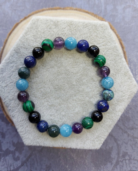 Immune System Booster Lapis Lazuli, Amethyst, Moss Green, Aquamarine, Malachite & Black Tourmaline Crystal Healing Beaded  Bracelet