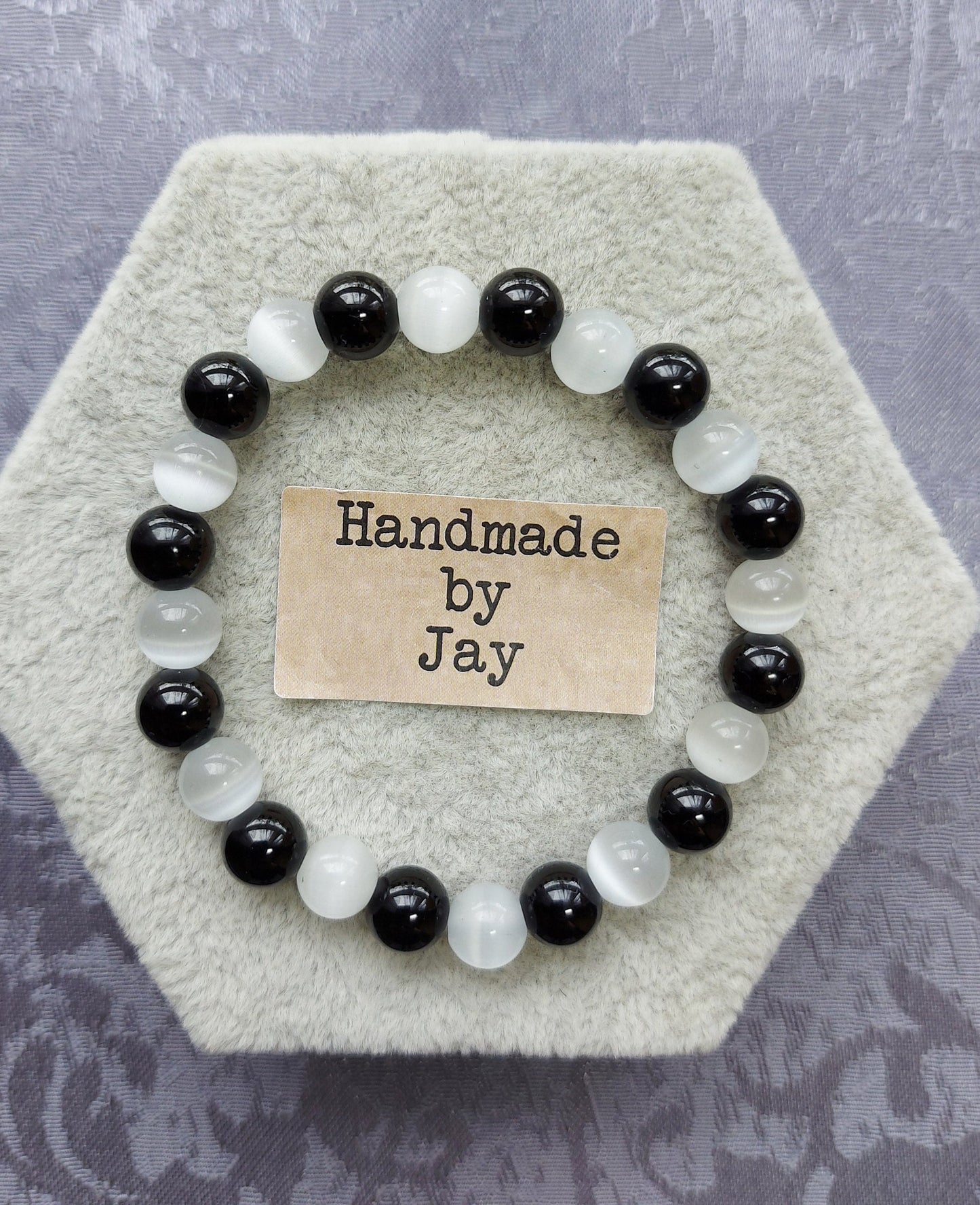 Selenite & Black Tourmaline Bracelet: Handmade Crystal Healing Jewelry