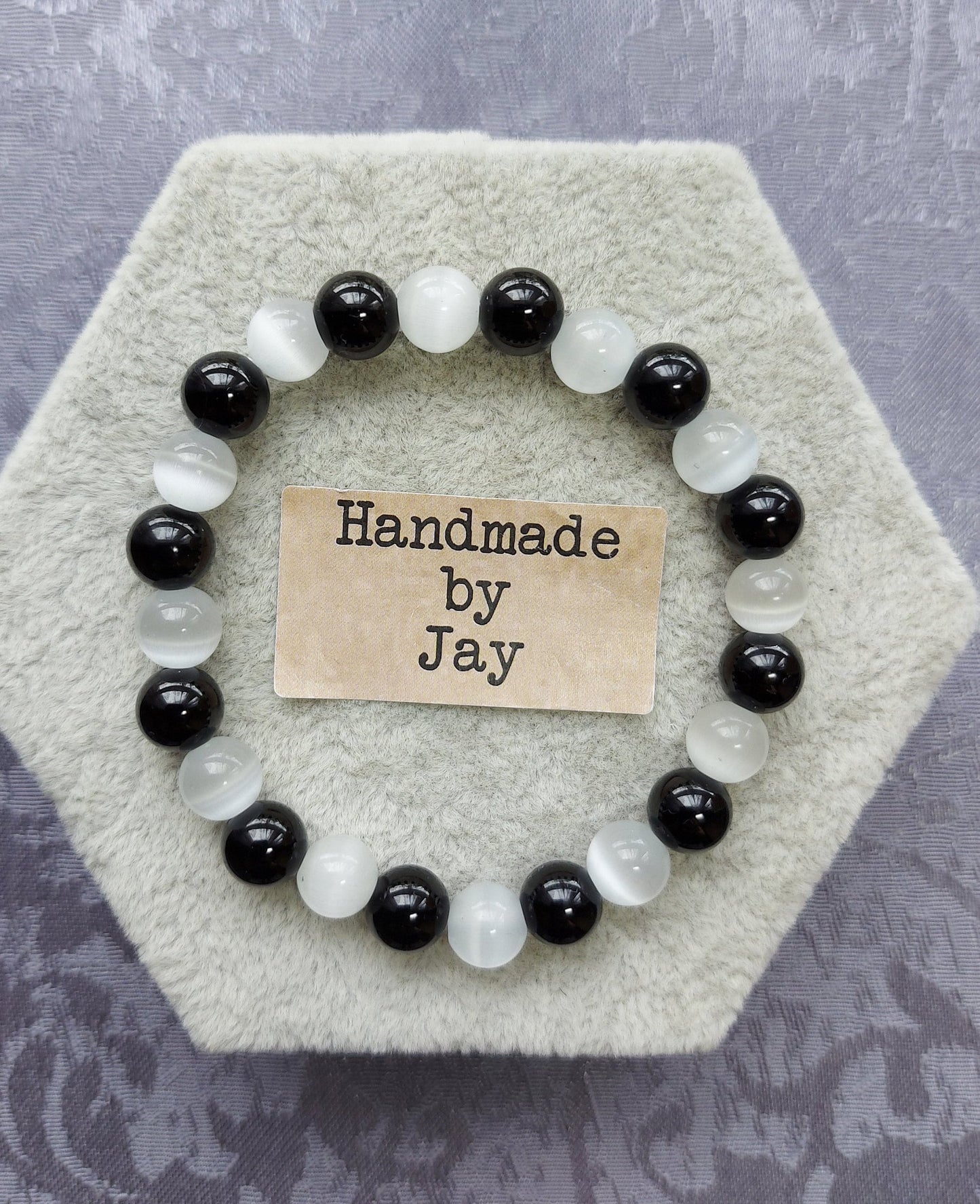 8mm Selenite and Black Tourmaline for Detox, Grounding & Anxiety Support Crystal Gemstone Beaded Chakra Bracelet