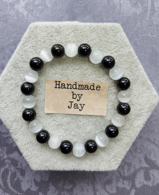 8mm Selenite and Black Tourmaline for Detox, Grounding & Anxiety Support Crystal Gemstone Beaded Chakra Bracelet