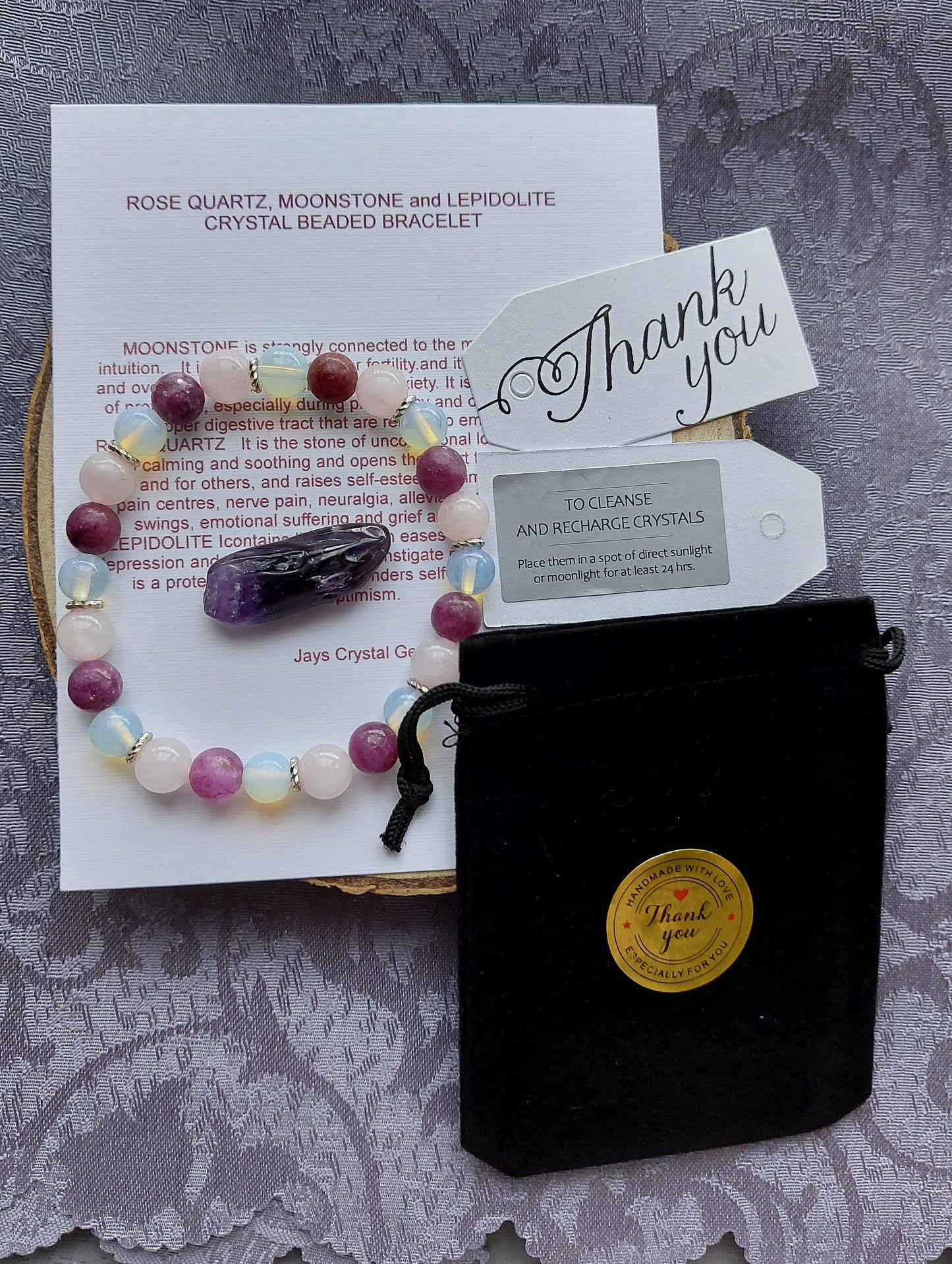 8mm Lepidolite, Moonstone & Rose Quartz Crystal Gemstone Beaded Bracelet Heart Chakra