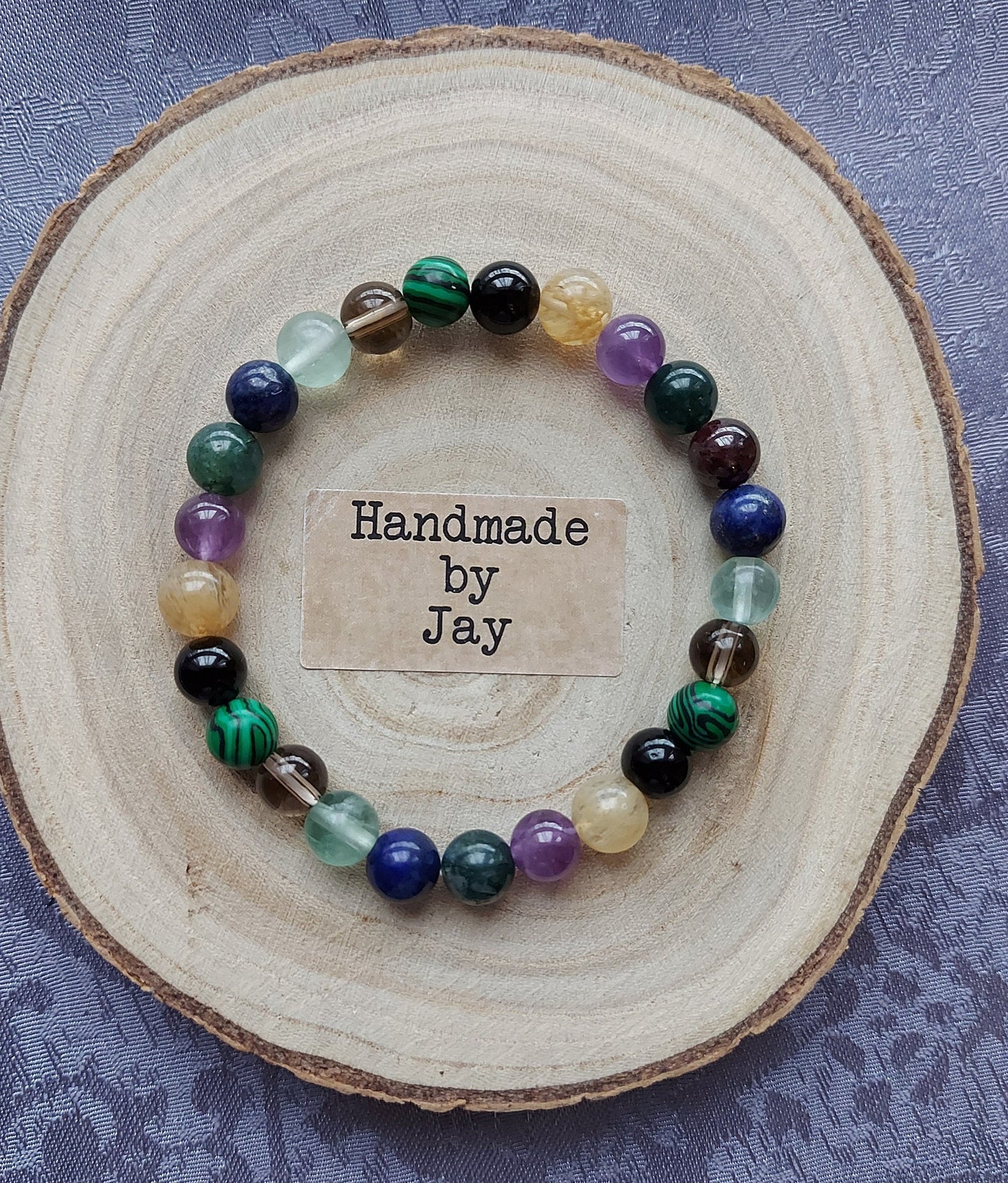 Handmade Crystal Healing Bracelet: Malachite, Amethyst, Black Tourmaline, Moss Agate, Lapis Lazuli & Citrine