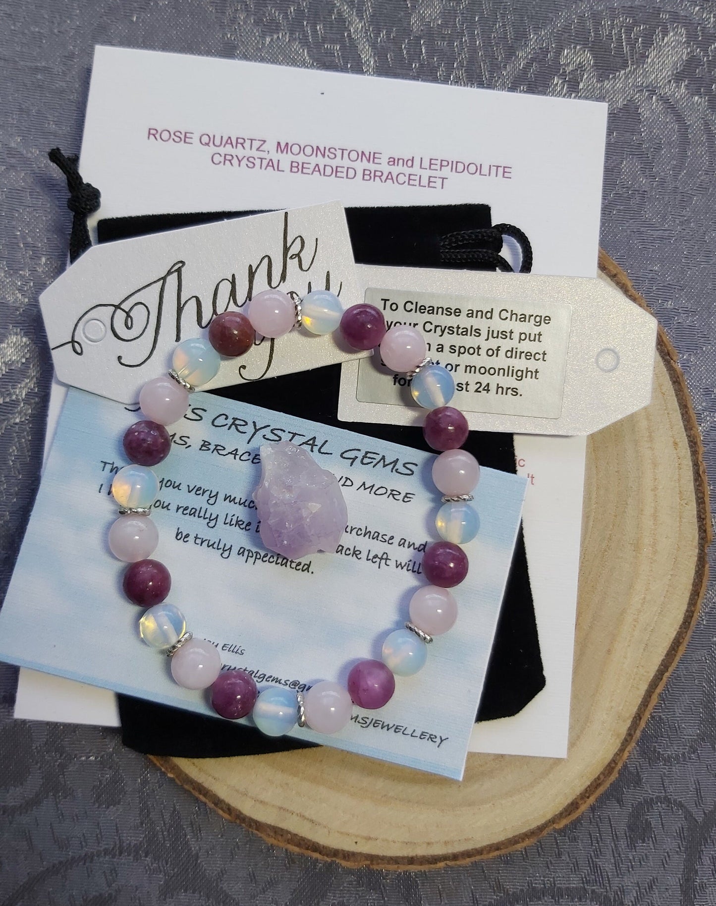 Lepidolite, Moonstone & Rose Quartz Crystal Gemstone Beaded Bracelet