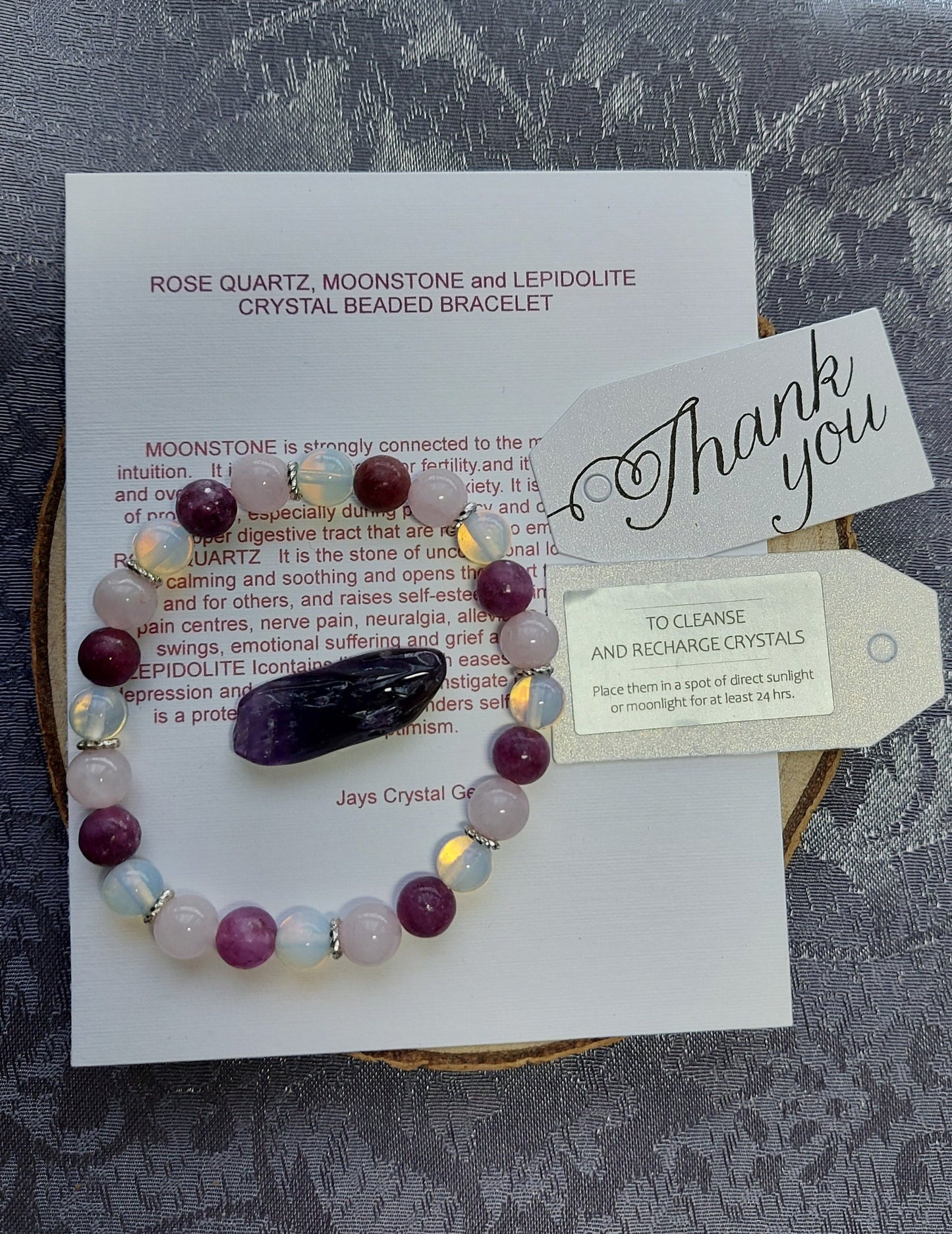 8mm Lepidolite, Moonstone & Rose Quartz Crystal Gemstone Beaded Bracelet Heart Chakra