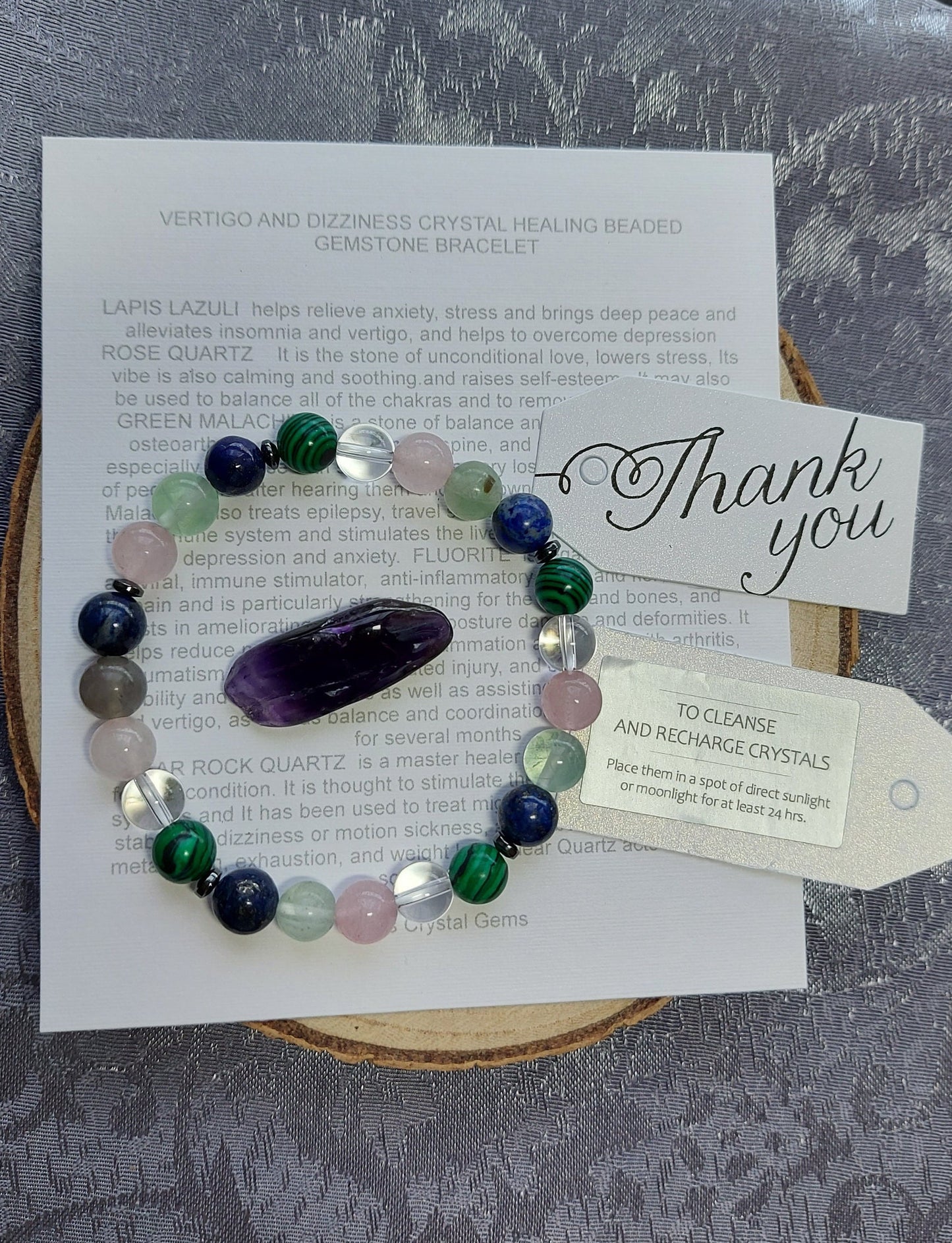 Crystal Healing Bracelet: Malachite, Lapis Lazuli, Fluorite for Vertigo & Insomnia