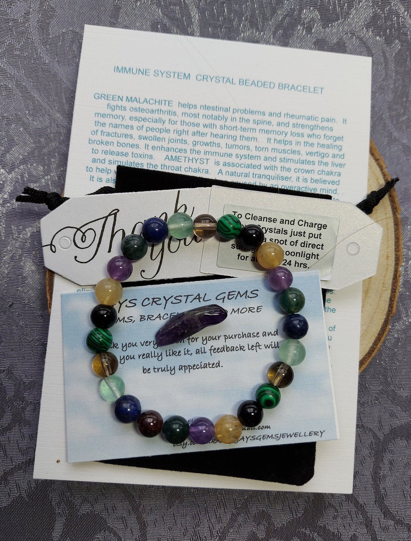 Handmade Crystal Healing Bracelet: Malachite, Amethyst, Black Tourmaline, Moss Agate, Lapis Lazuli & Citrine