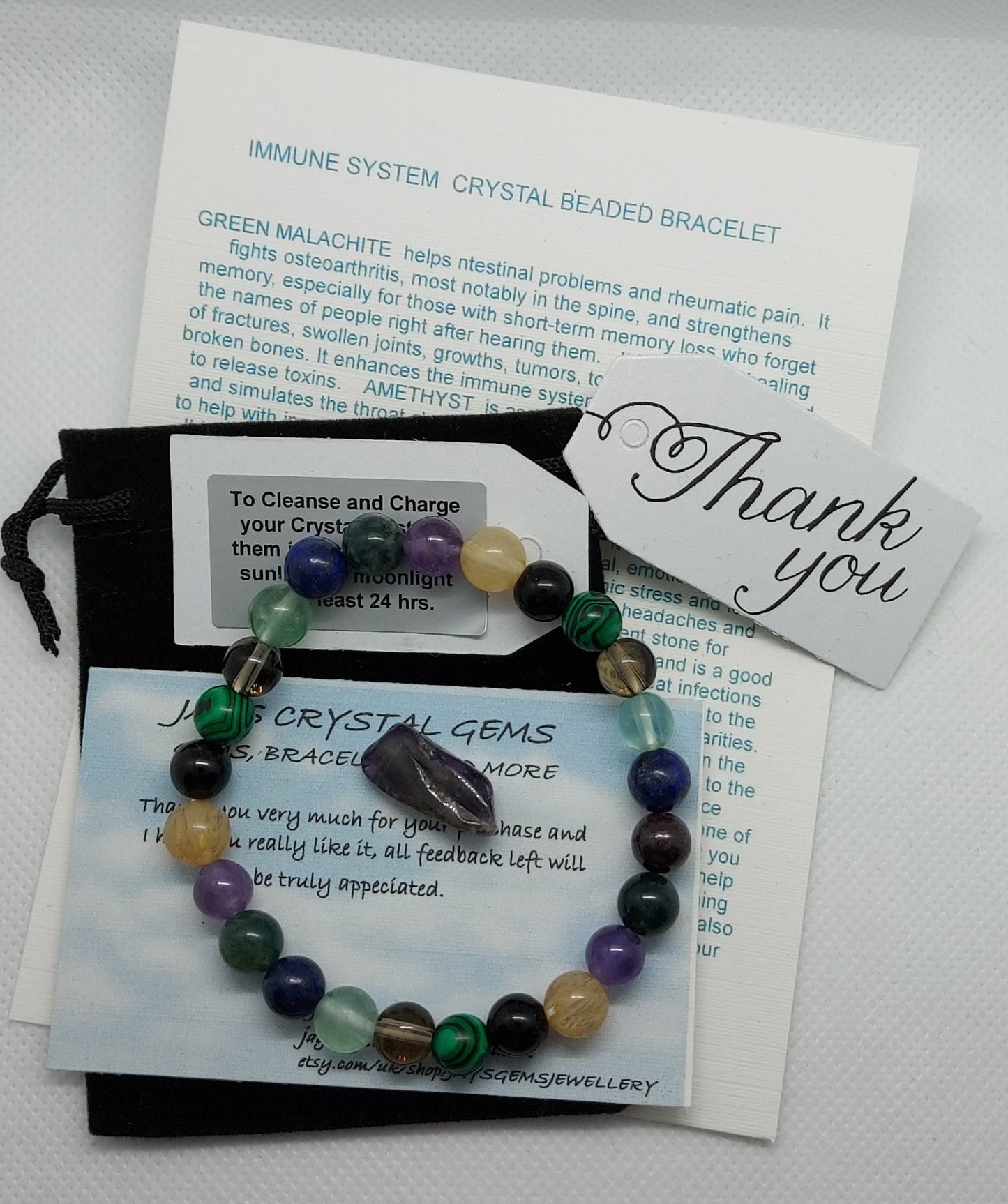 Malachite, Amethyst, Black Tourmaline, Moss Agate, Lapis Lazuli & Citrine Crystal Gemstone Bracelet