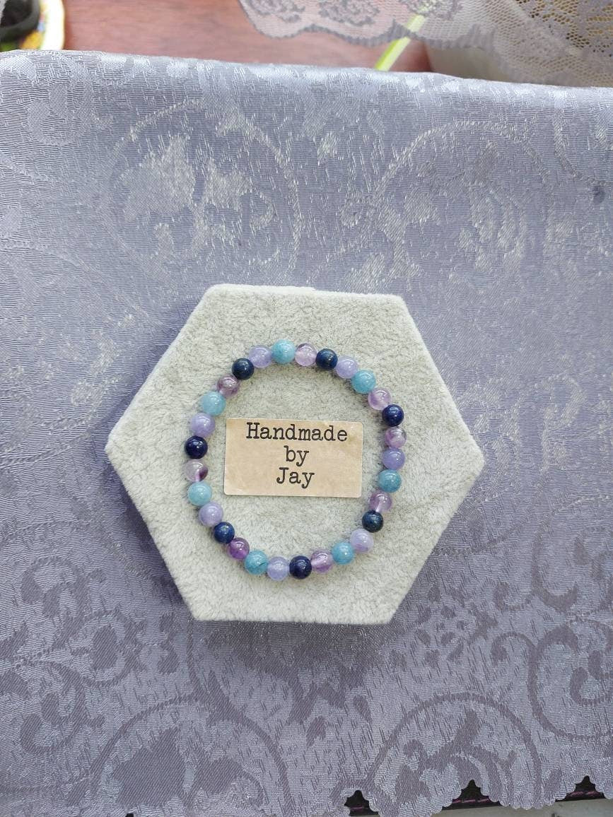 8mm  Undyed  Natural Lapis Lazuli, Amethyst and Aquamarine Crystal Gemstone Beaded  Bracelet Throat Chakra