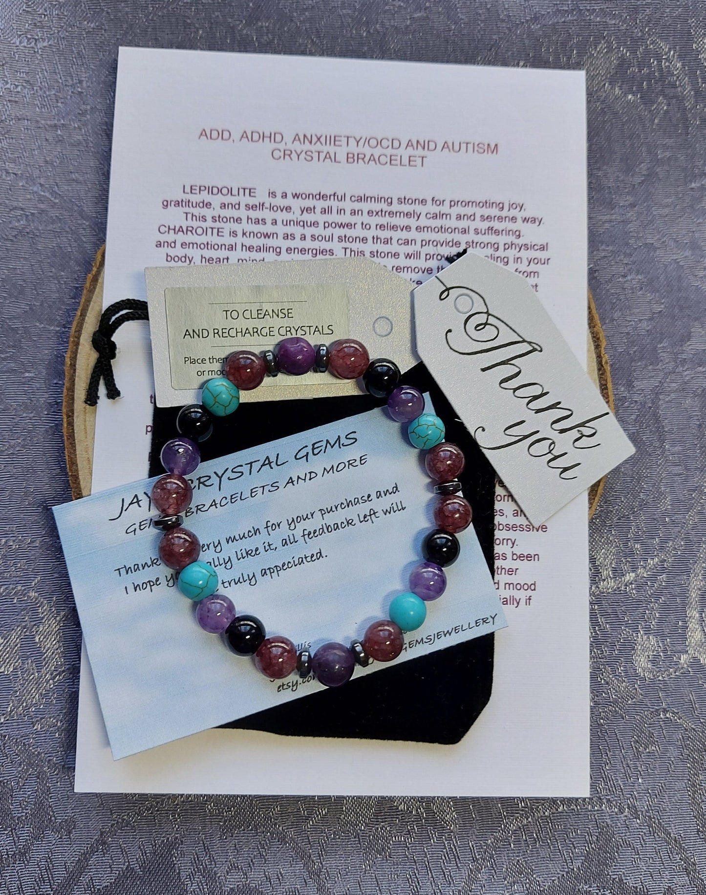 8mm Lepidolite, Labradorite, Howlite, Chariote, Hematite and Black Tourmaline Crystal Gemstone Beaded Chakra Bracelet ADD/ADHD