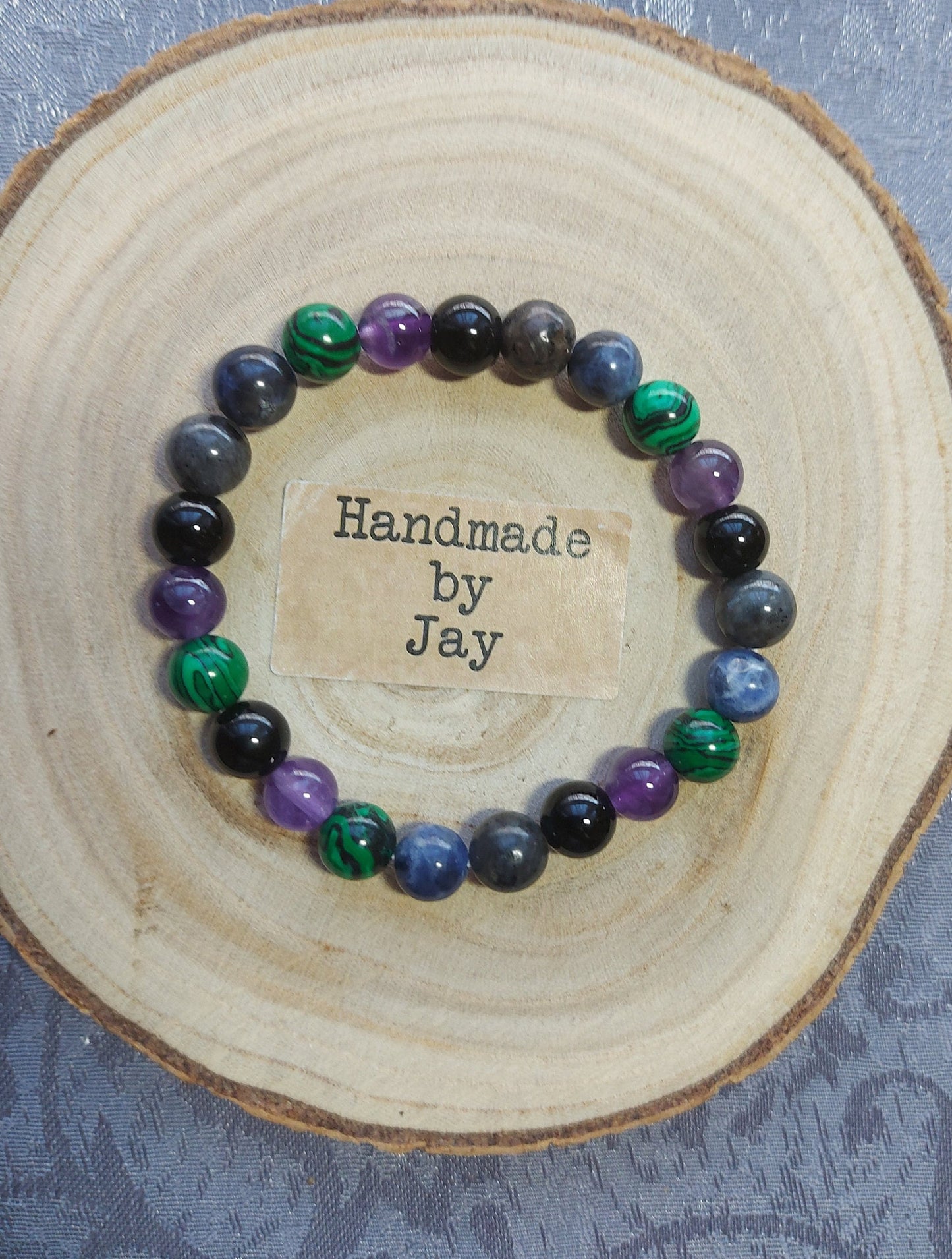 Handmade Crystal Healing Bracelet: Lapis Lazuli, Amethyst, Malachite & Tourmaline
