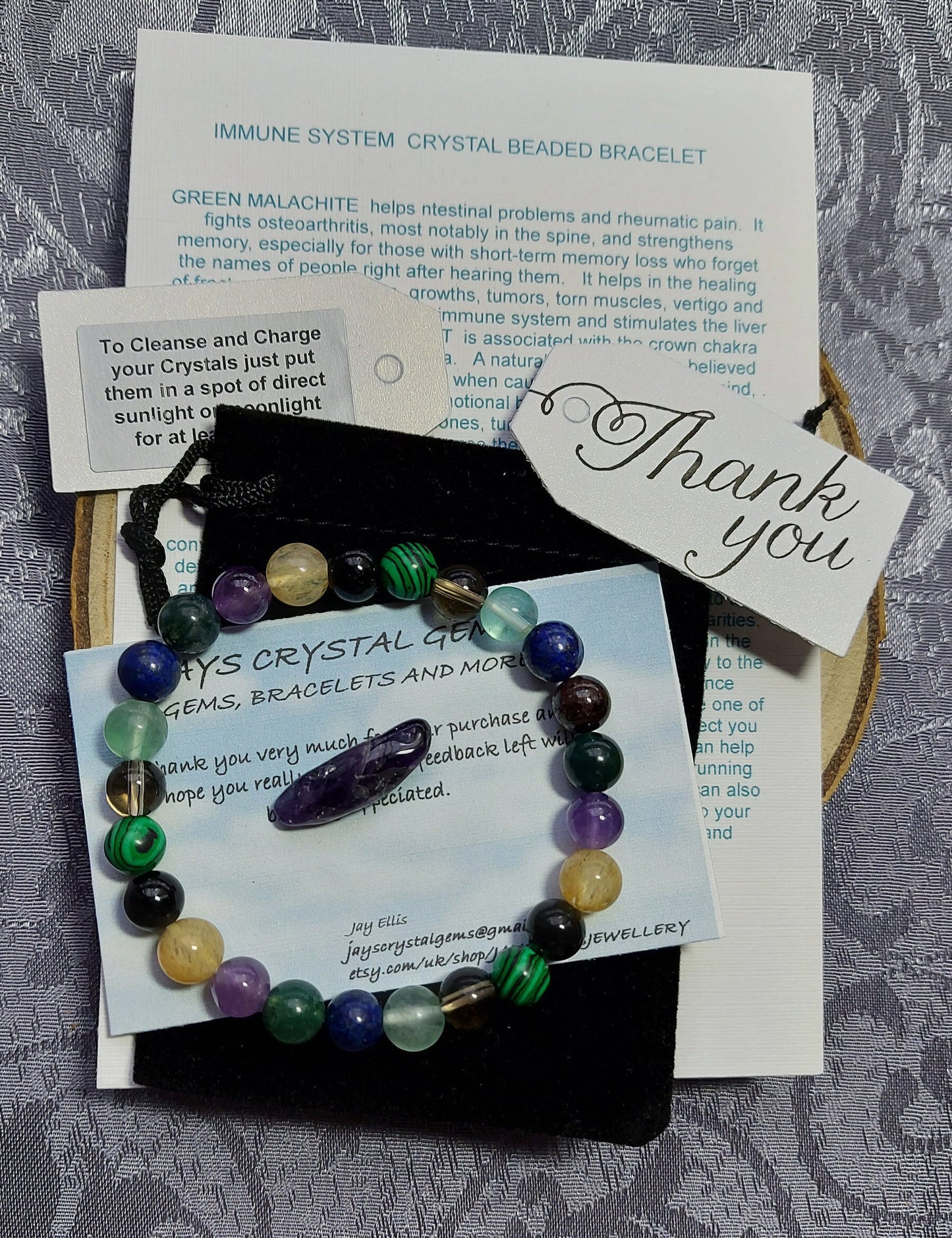 Malachite, Amethyst, Black Tourmaline, Moss Agate, Lapis Lazuli & Citrine Crystal Gemstone Bracelet